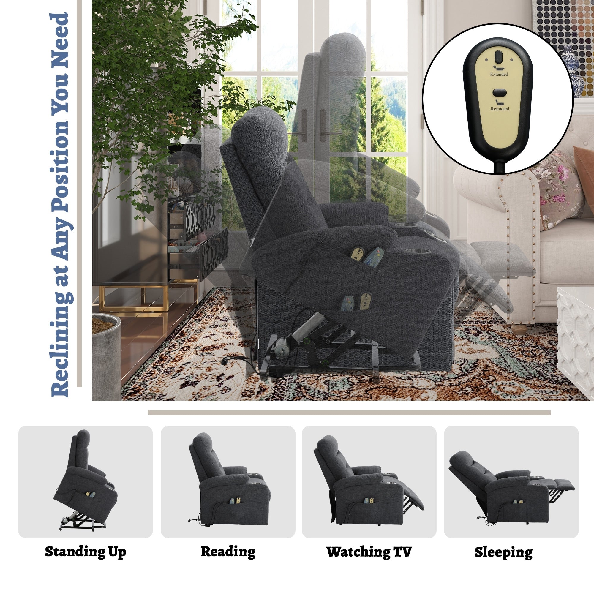 Soft Upholstered Electric Power Recliner Chair with Massage and Cup Holders