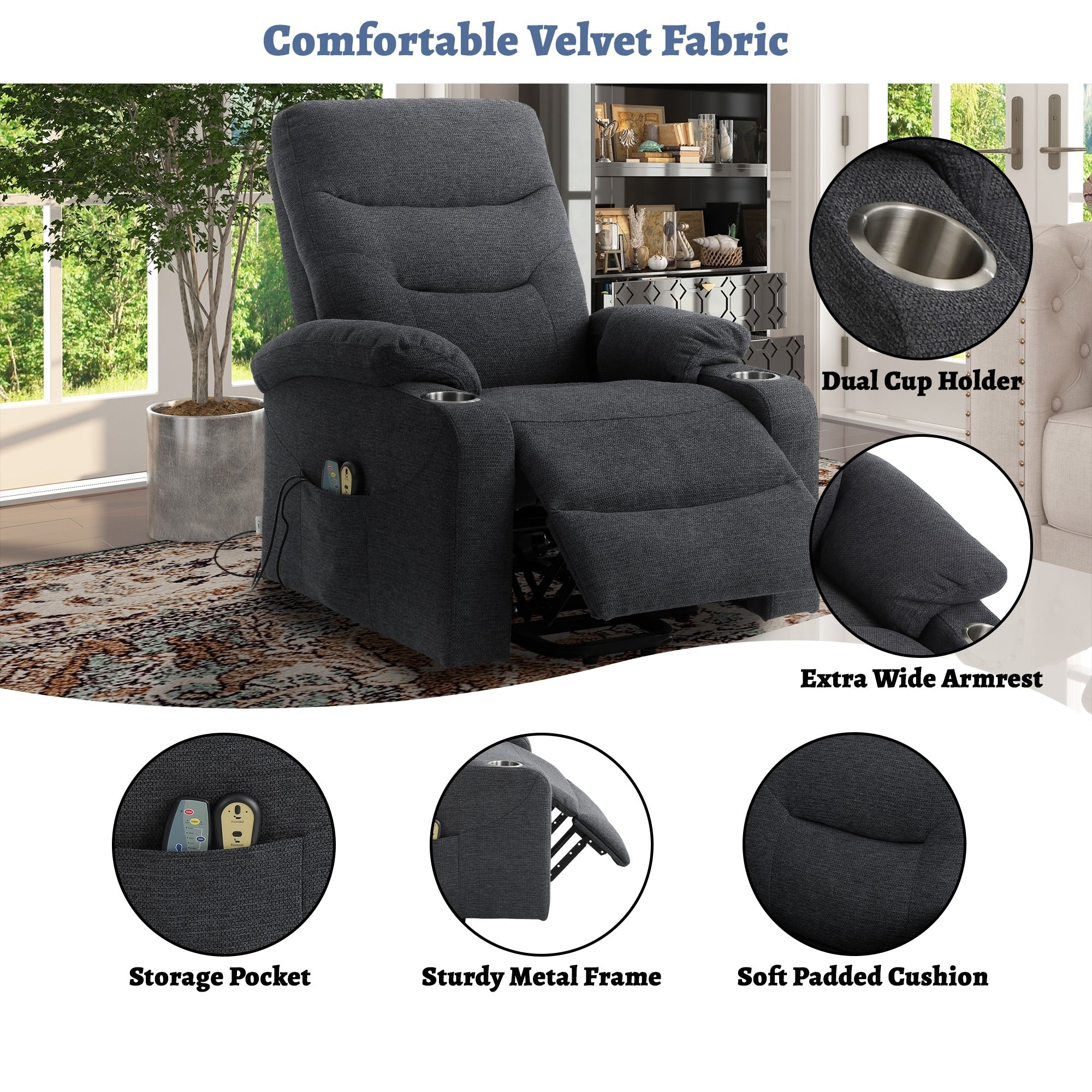 Soft Upholstered Electric Power Recliner Chair with Massage and Cup Holders