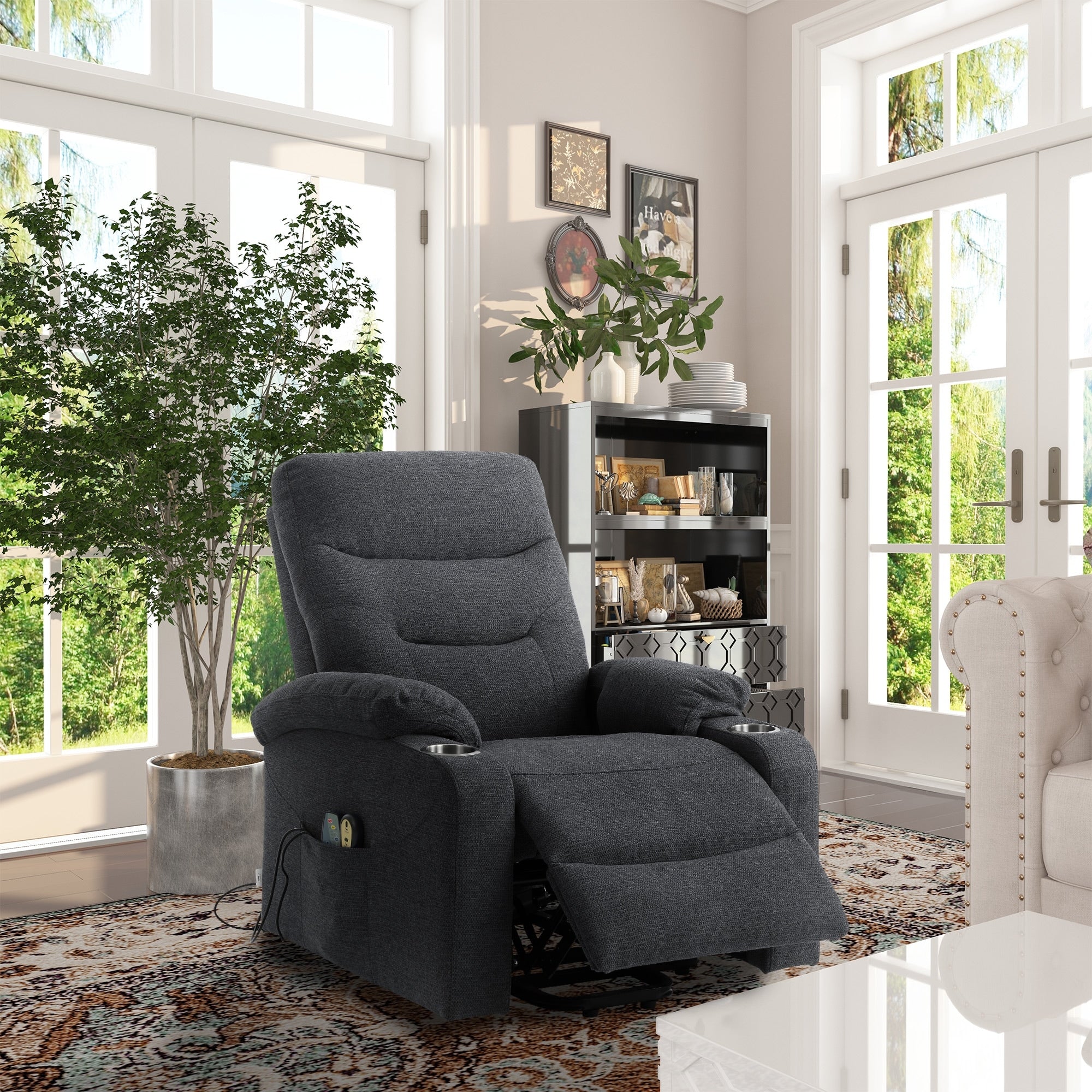 Soft Upholstered Electric Power Recliner Chair with Massage and Cup Holders