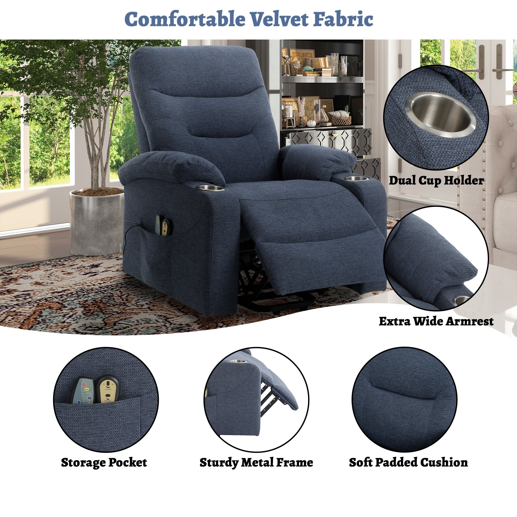 Soft Upholstered Electric Power Recliner Chair with Massage and Cup Holders