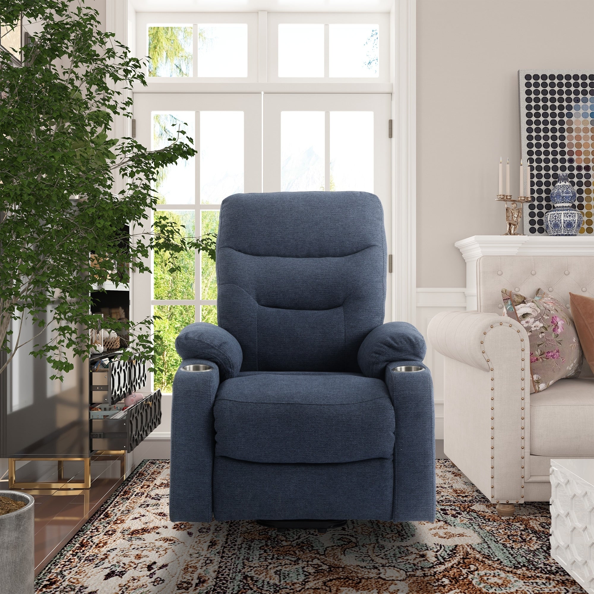 Soft Upholstered Electric Power Recliner Chair with Massage and Cup Holders