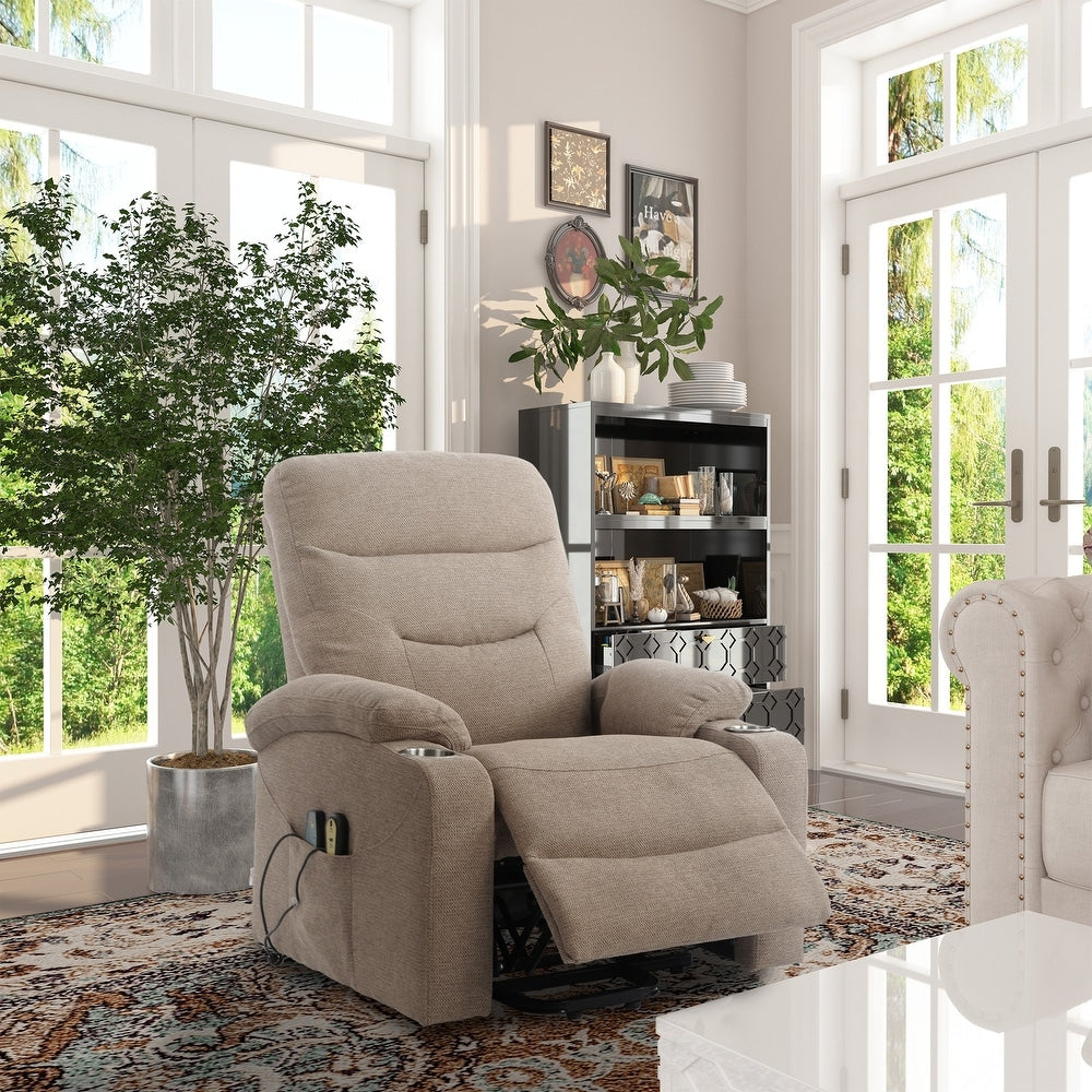 Soft Upholstered Electric Power Recliner Chair with Massage and Cup Holders
