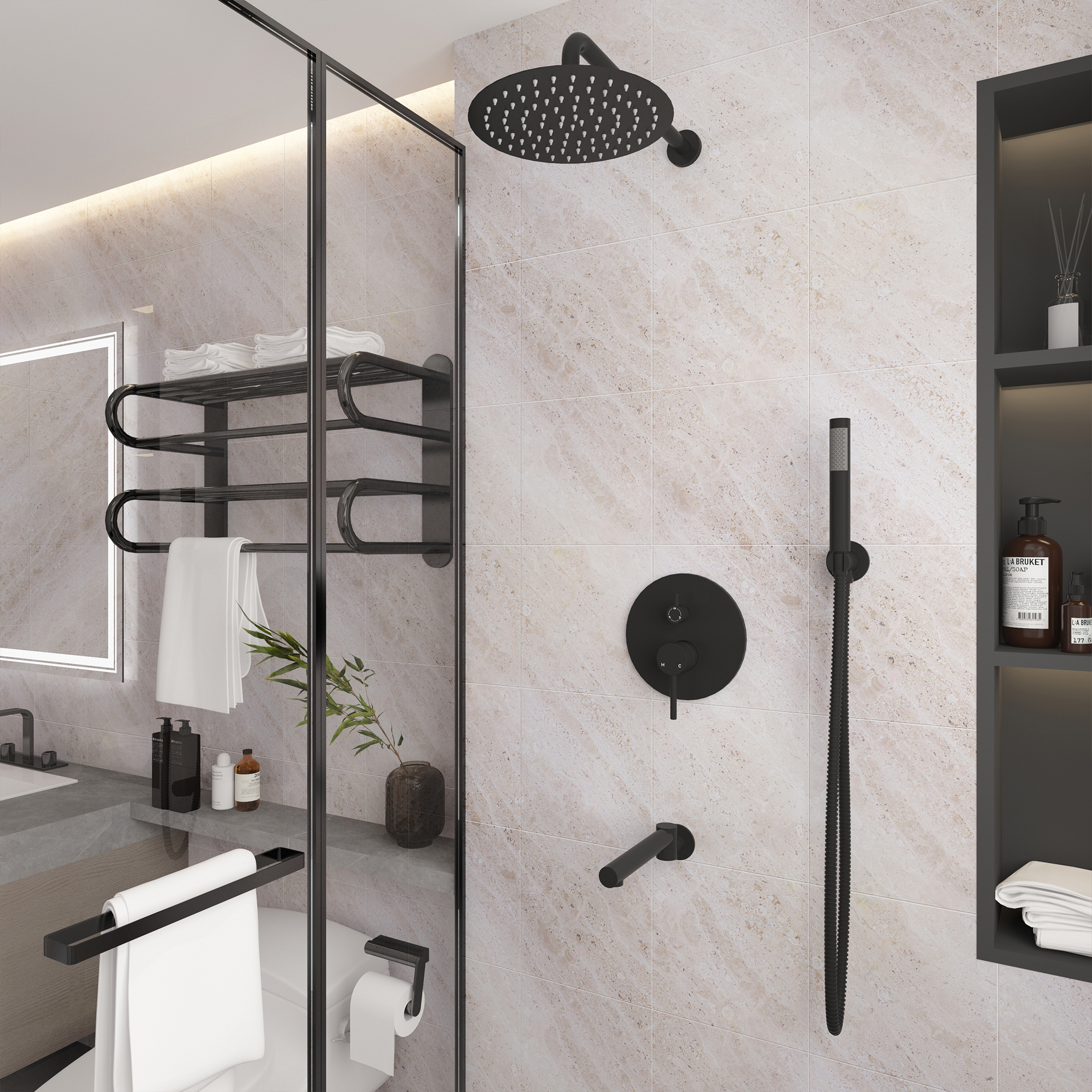 10-Inch Three-function Wall-mounted Round Shower System With Swivel Bathtub Spout