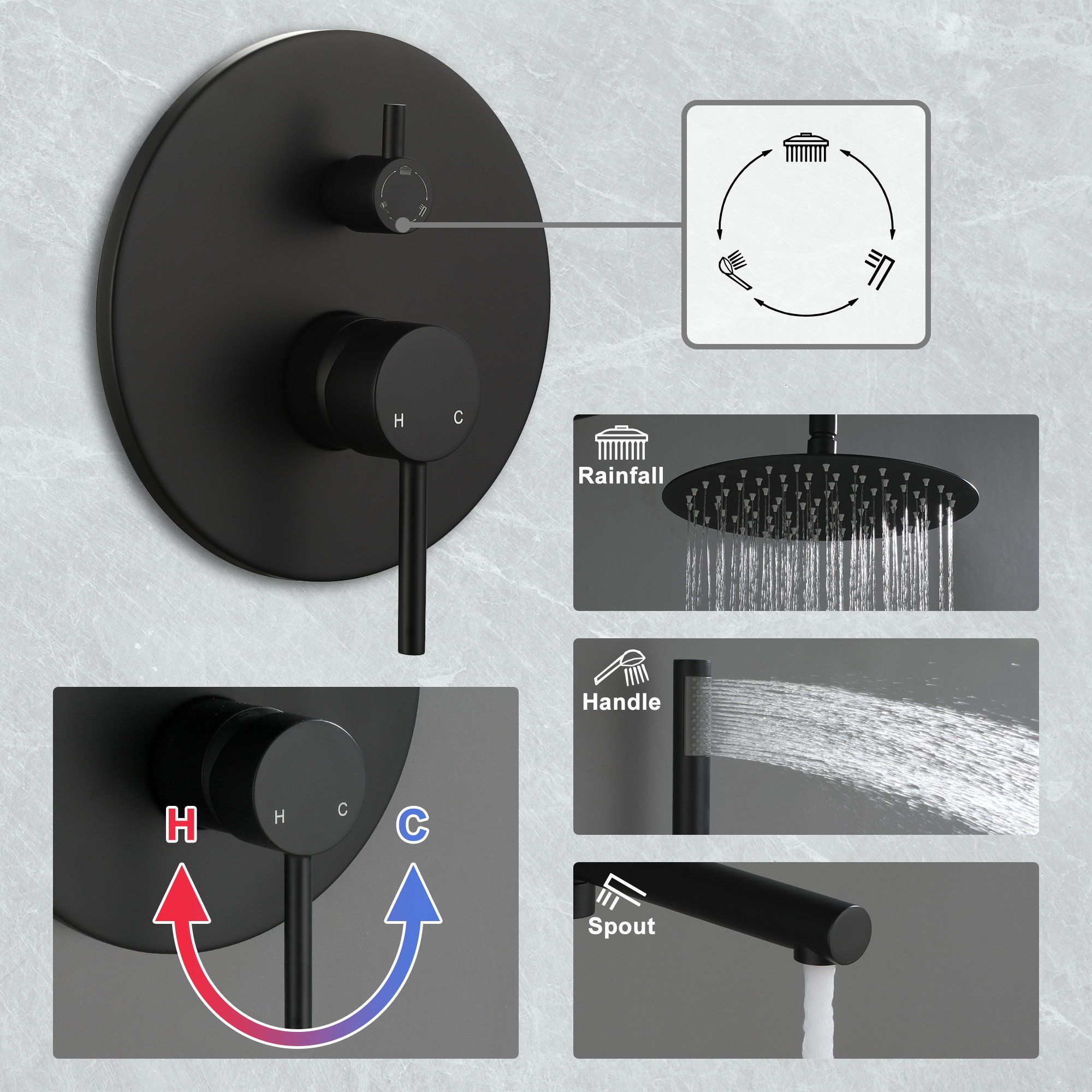 10-Inch Three-function Wall-mounted Round Shower System With Swivel Bathtub Spout