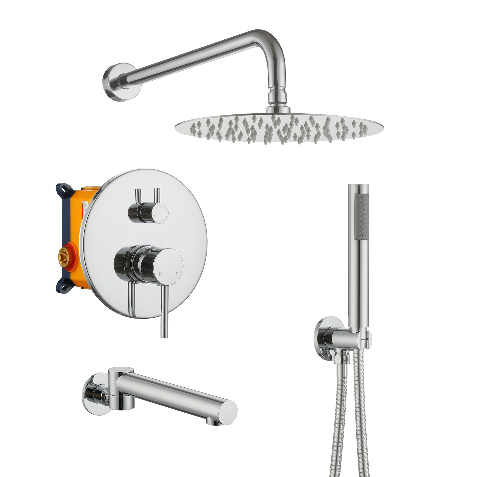 10-Inch Three-function Wall-mounted Round Shower System With Swivel Bathtub Spout
