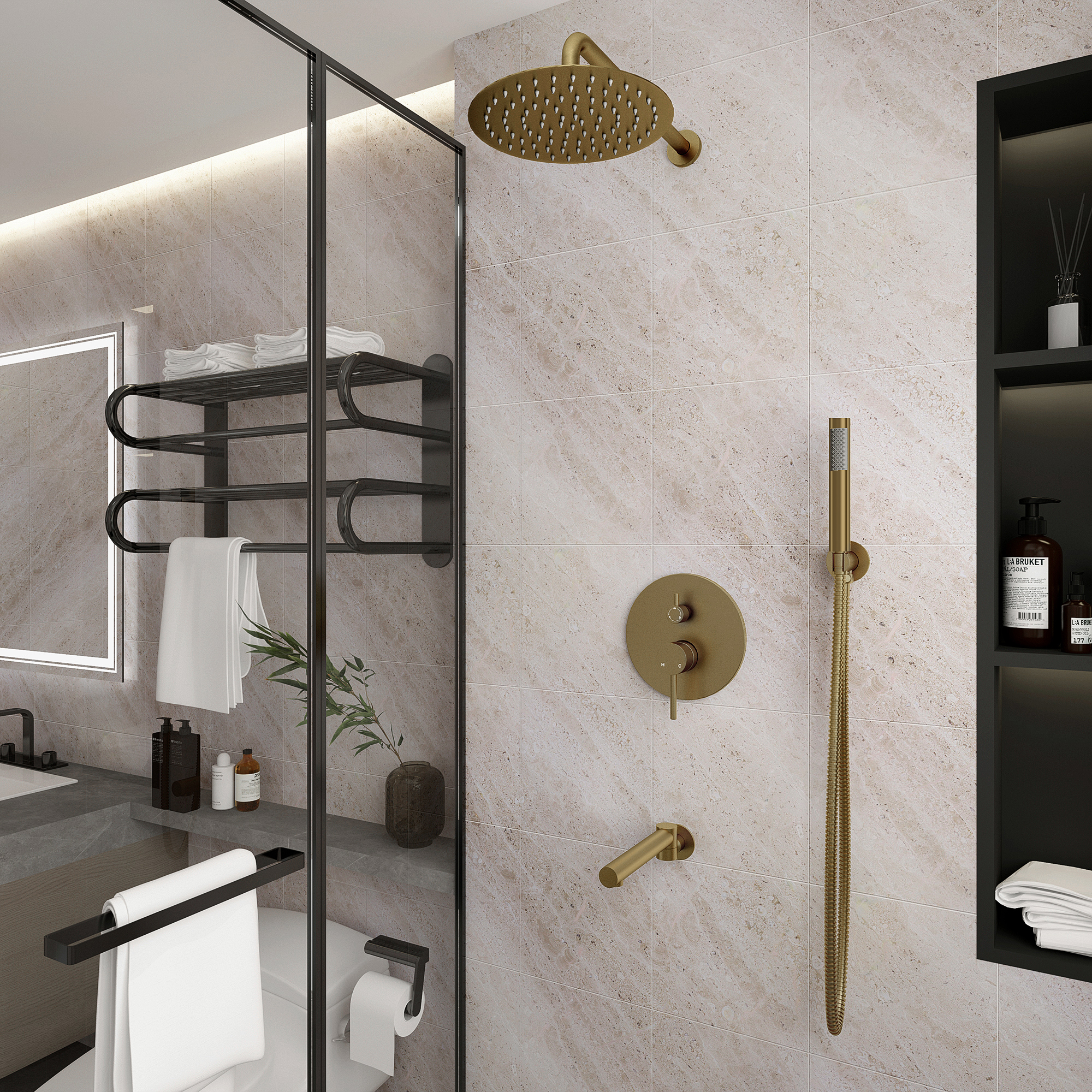 10-Inch Three-function Wall-mounted Round Shower System With Swivel Bathtub Spout