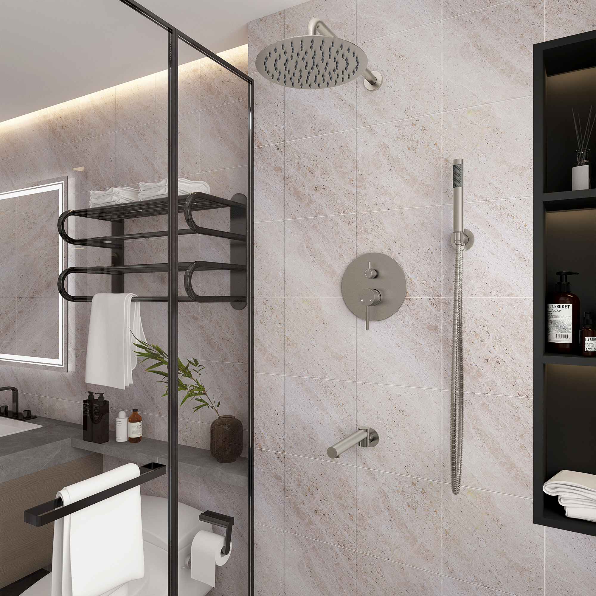 10-Inch Three-function Wall-mounted Round Shower System With Swivel Bathtub Spout