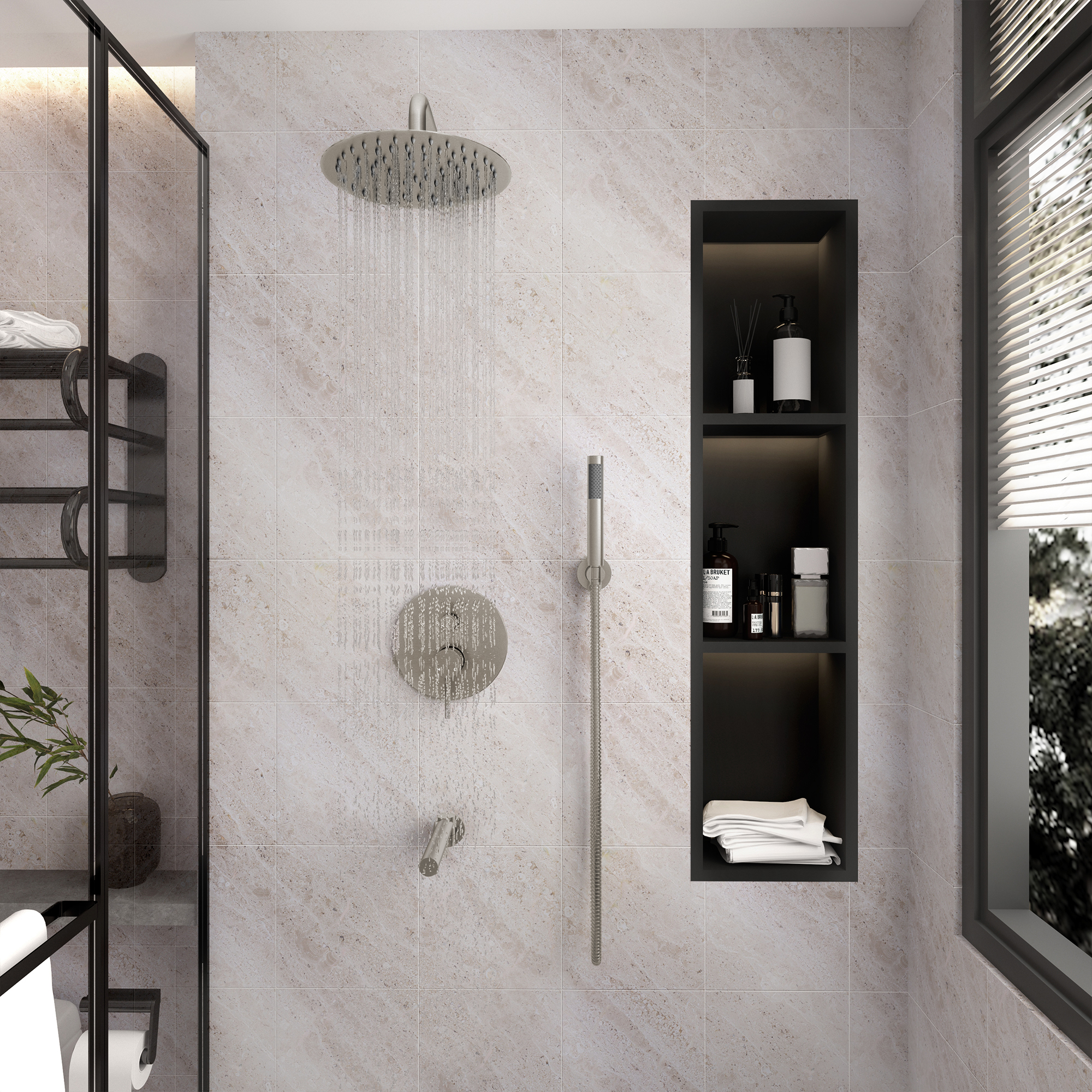 10-Inch Three-function Wall-mounted Round Shower System With Swivel Bathtub Spout