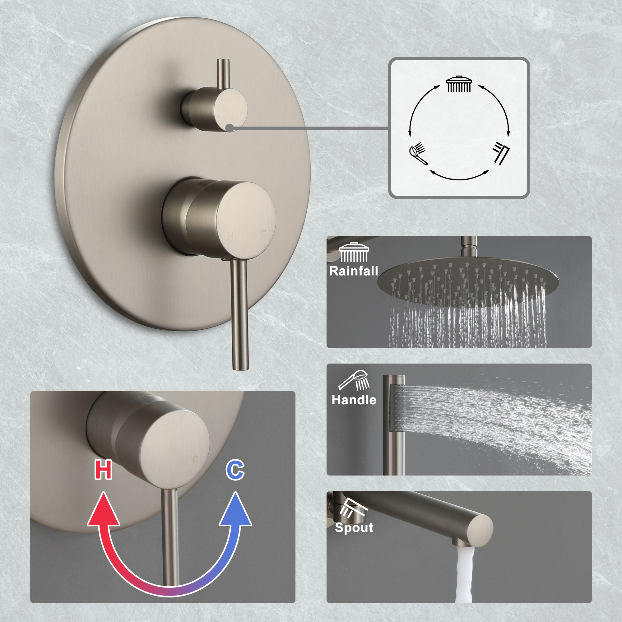 10-Inch Three-function Wall-mounted Round Shower System With Swivel Bathtub Spout