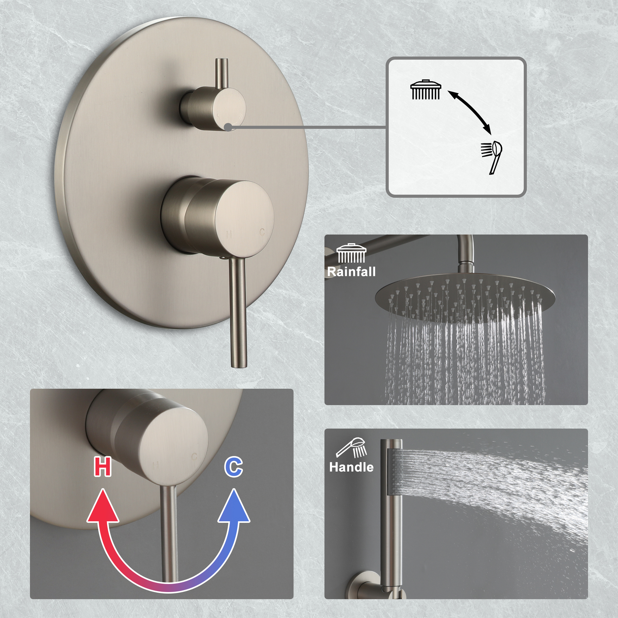 10-Inch Triple Function Wall Mounted Round Shower System with Tub Outlet