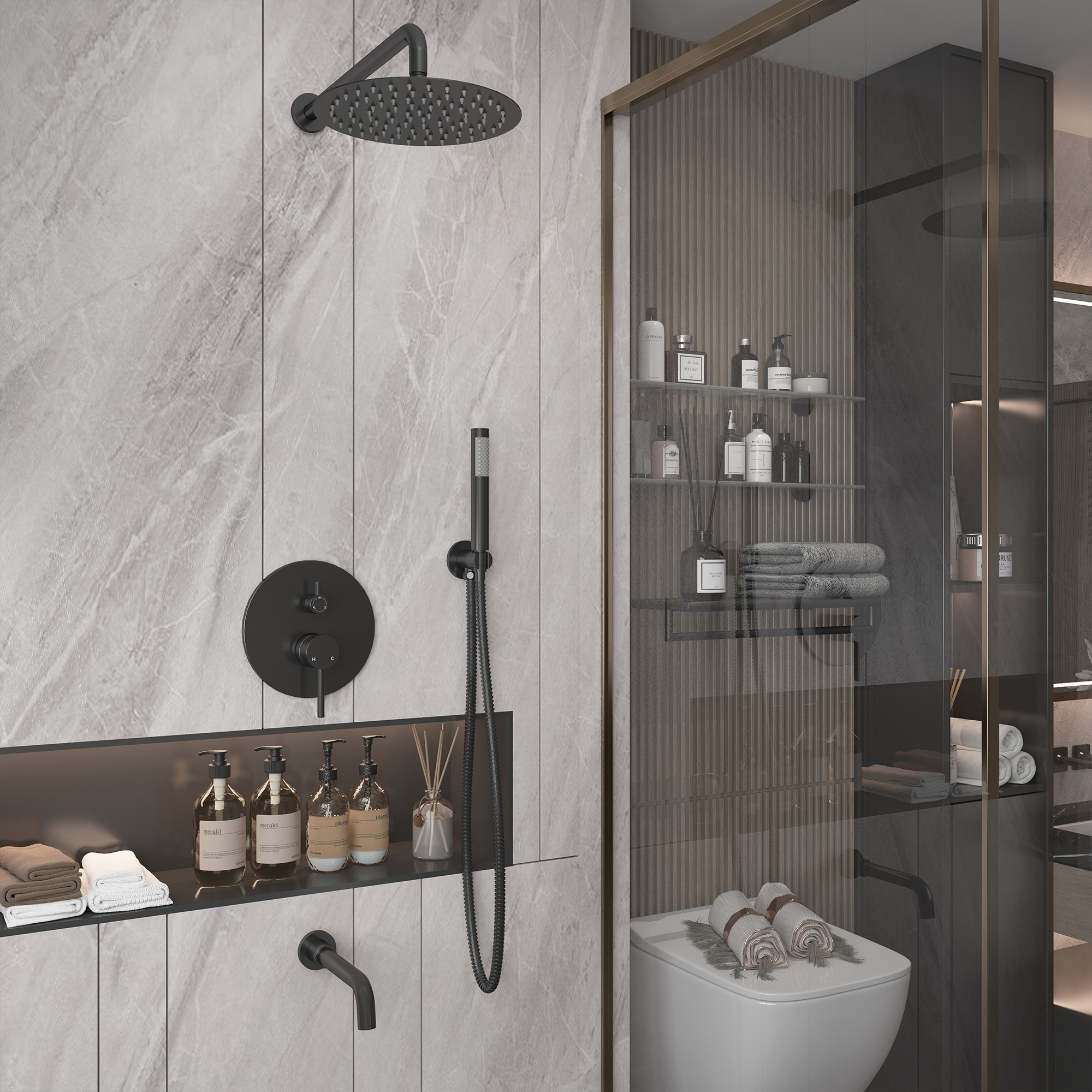 10-Inch Triple Function Wall Mounted Round Shower System with Tub Outlet