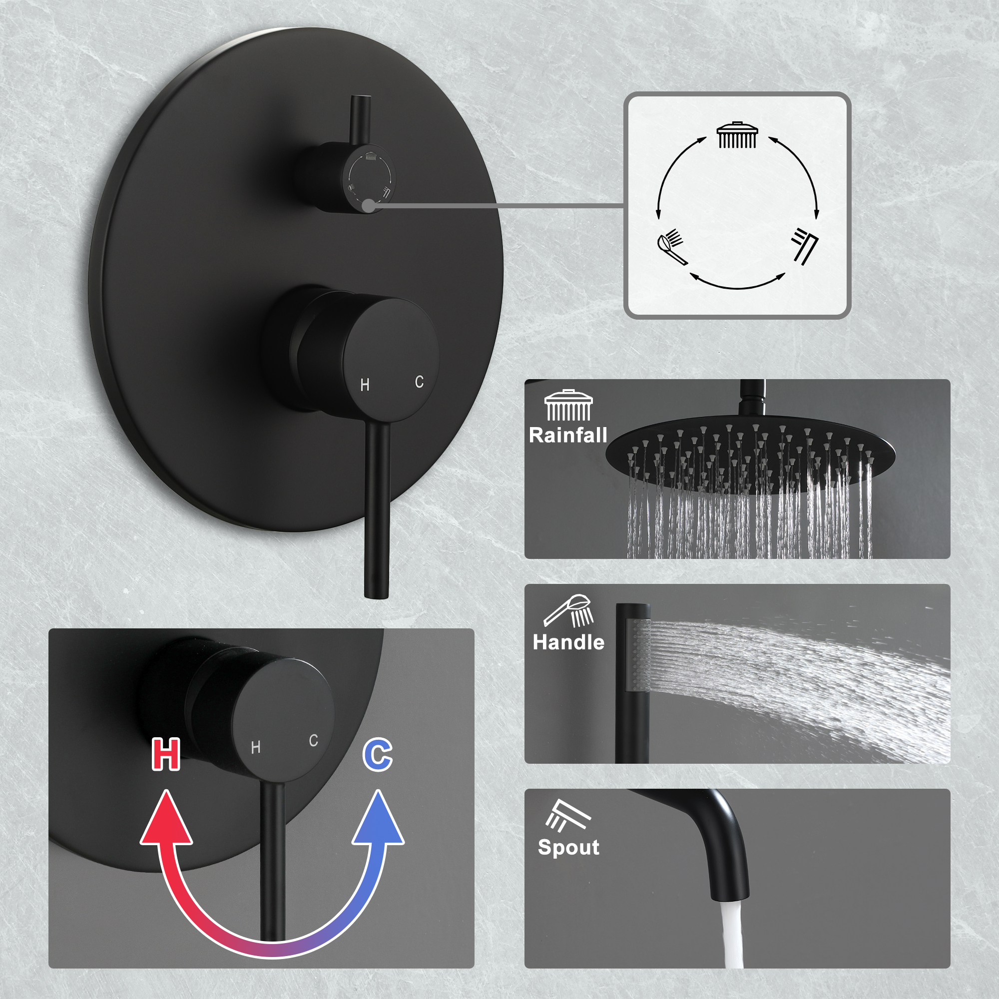 10-Inch Triple Function Wall Mounted Round Shower System with Tub Outlet