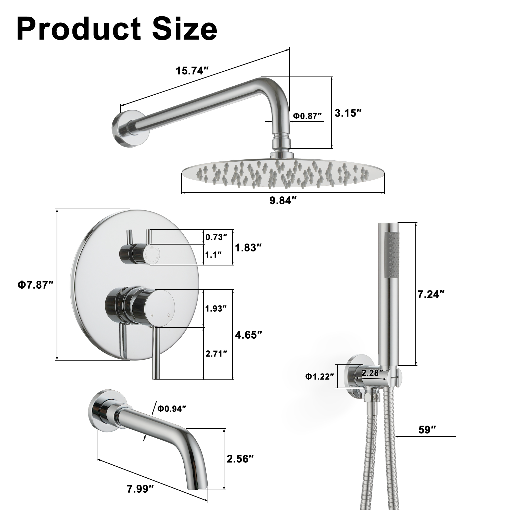 10-Inch Triple Function Wall Mounted Round Shower System with Tub Outlet