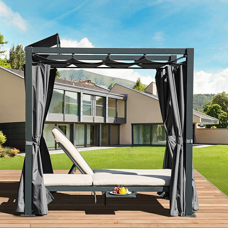 Outdoor Double Chaise Lounge Daybed Bed Aluminum Frame with Retractable Canopy and Curtain with Cushion