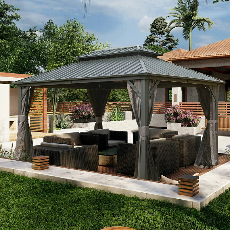 10' X 12' Patio Aluminum Frame Hardtop Gazebo Galvanized Steel Double Roof Curtain and Netting