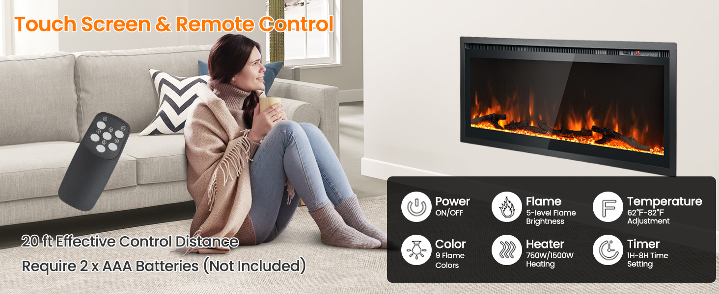 Electric Fireplace in-Wall Recessed with Remote Control and Adjustable Color and Brightness