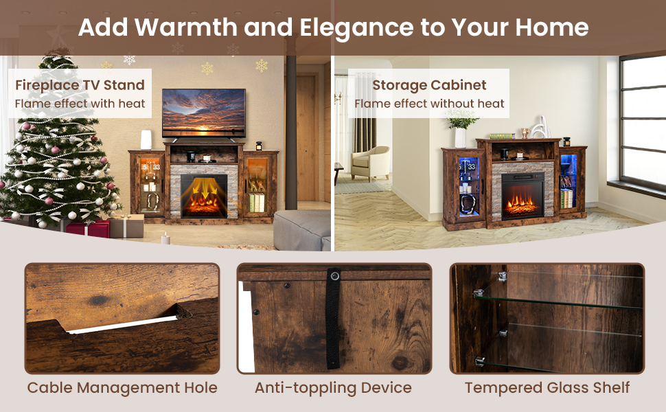 Fireplace TV Stand with 16-Color Led Lights for TVs up to 65 Inch