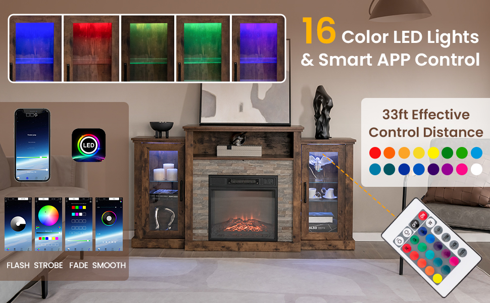 Fireplace TV Stand with 16-Color Led Lights for TVs up to 65 Inch