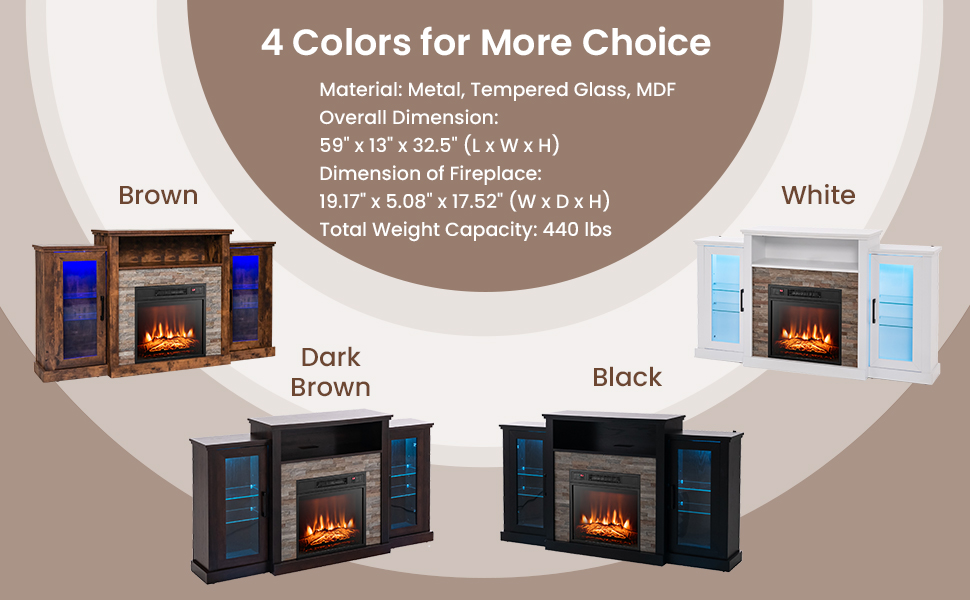 Fireplace TV Stand with 16-Color Led Lights for TVs up to 65 Inch