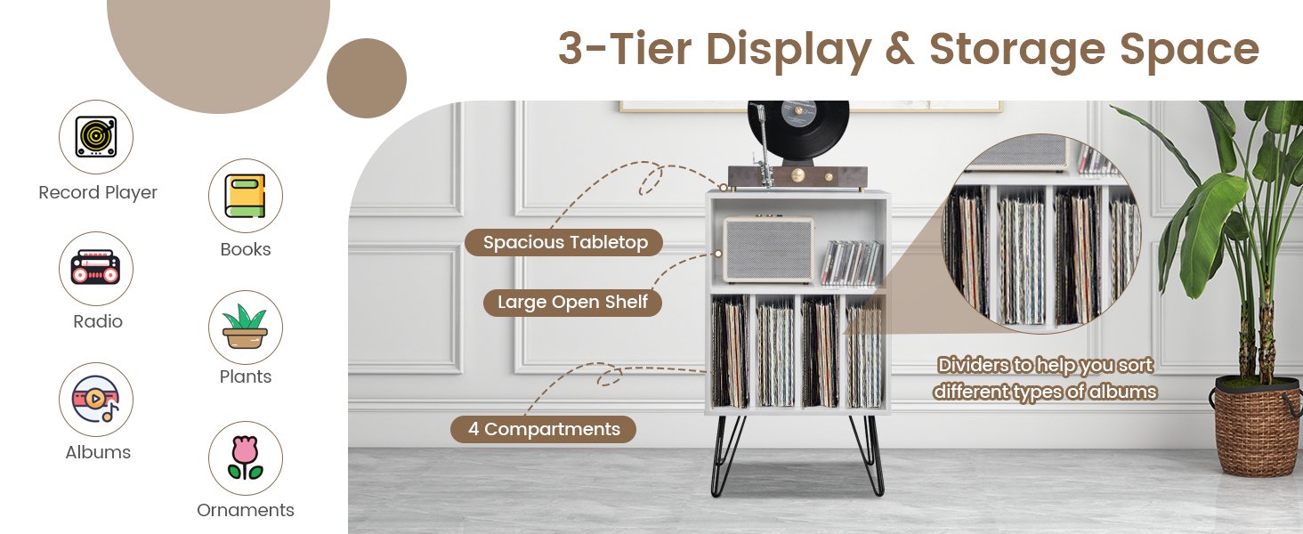 Freestanding Record Player Stand Record Storage Cabinet with Metal Legs