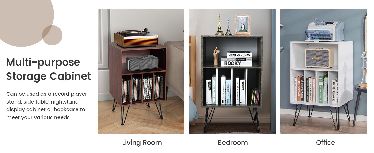 Freestanding Record Player Stand Record Storage Cabinet with Metal Legs