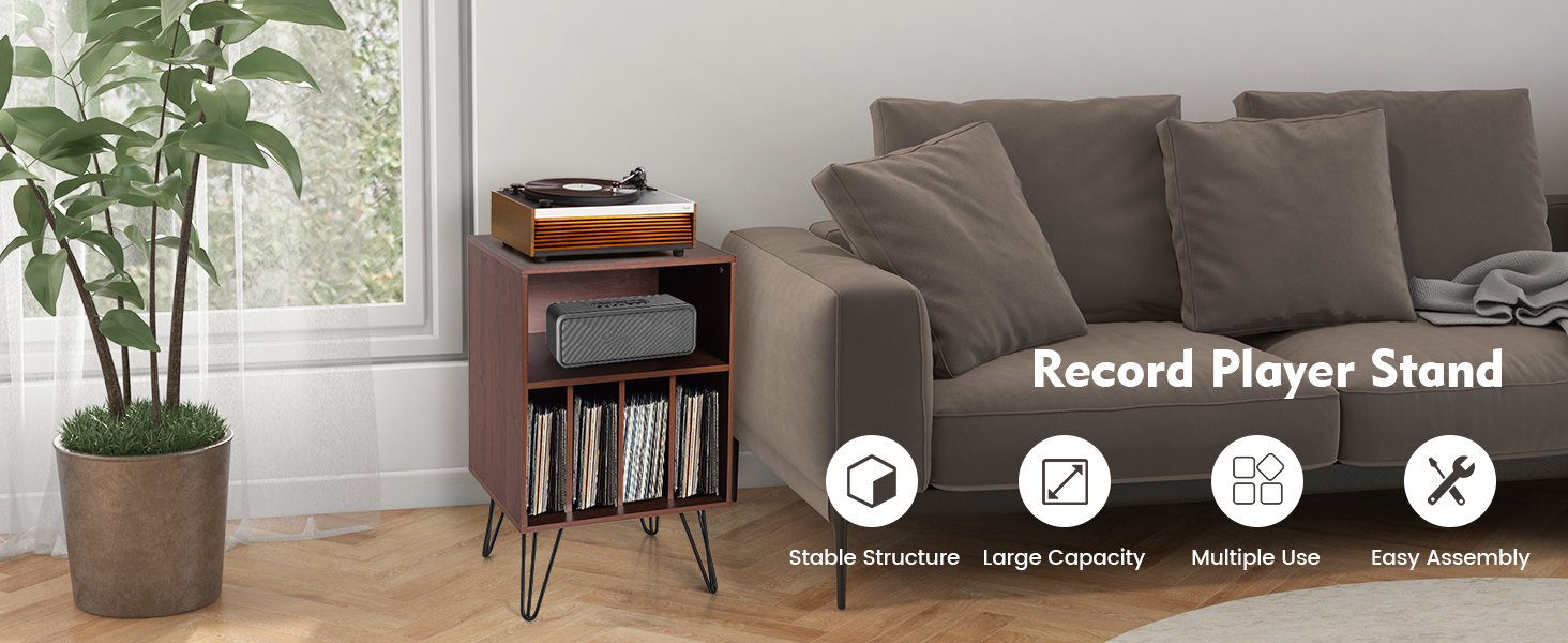 Freestanding Record Player Stand Record Storage Cabinet with Metal Legs