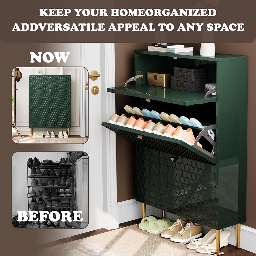 3 Flip Drawers Free Standing Shoe Racks,Modern Shoes Cabinet with Brass Knobs And Legs, 24 Pair for Entryway,Bedroom