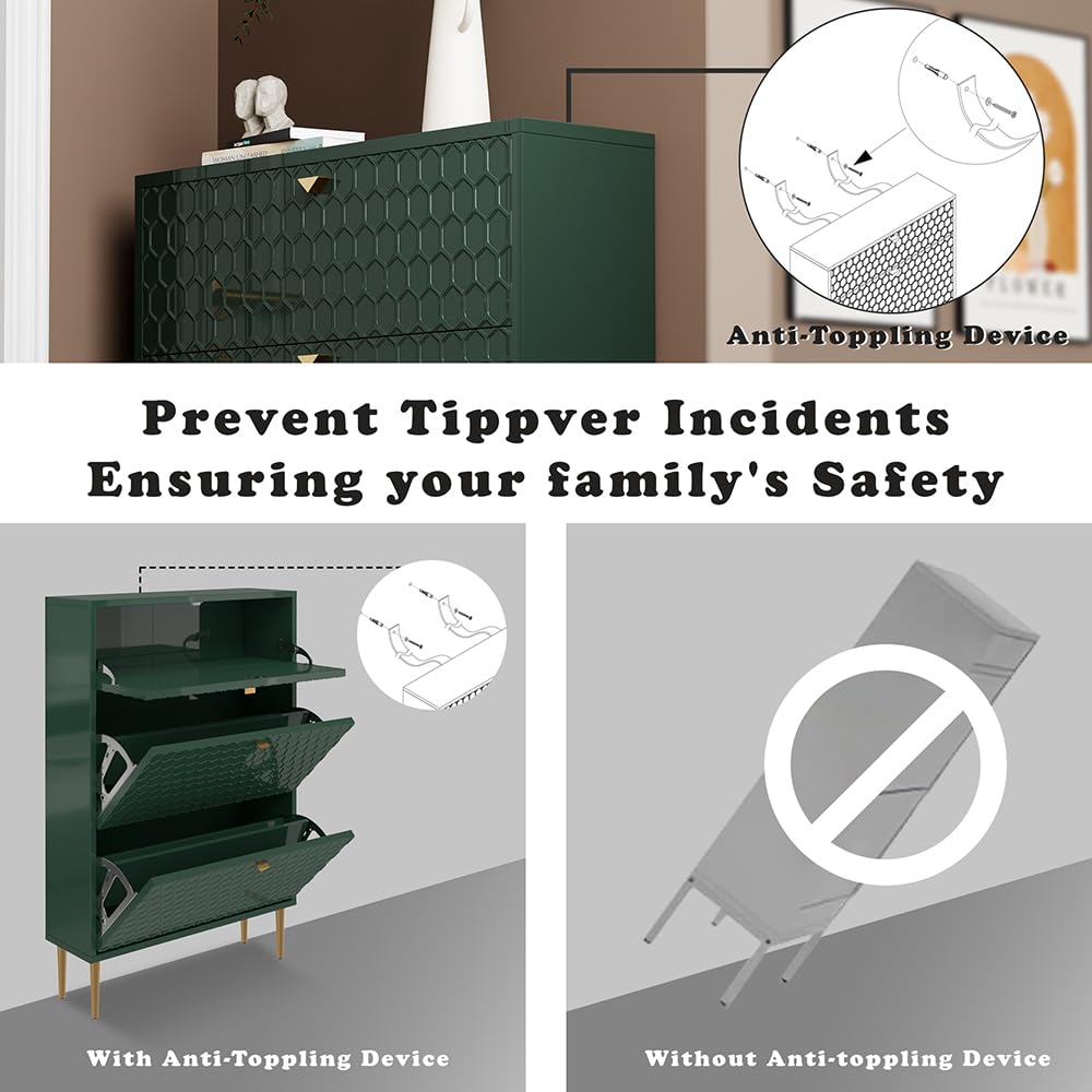 3 Flip Drawers Free Standing Shoe Racks,Modern Shoes Cabinet with Brass Knobs And Legs, 24 Pair for Entryway,Bedroom