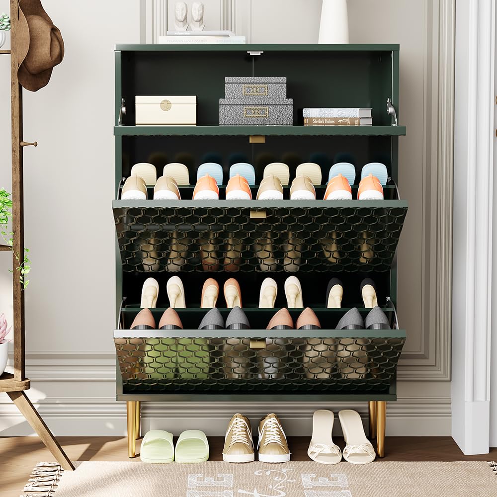 3 Flip Drawers Free Standing Shoe Racks,Modern Shoes Cabinet with Brass Knobs And Legs, 24 Pair for Entryway,Bedroom