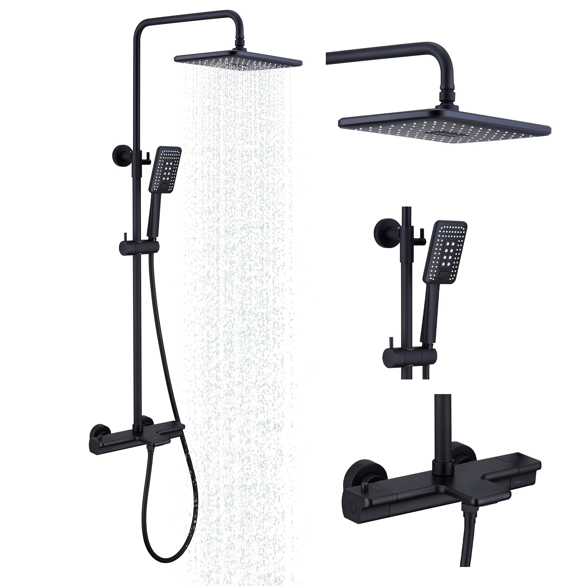 11.4*7.5" Thermostatic Rain Shower System with Tub Spout in Matte Black