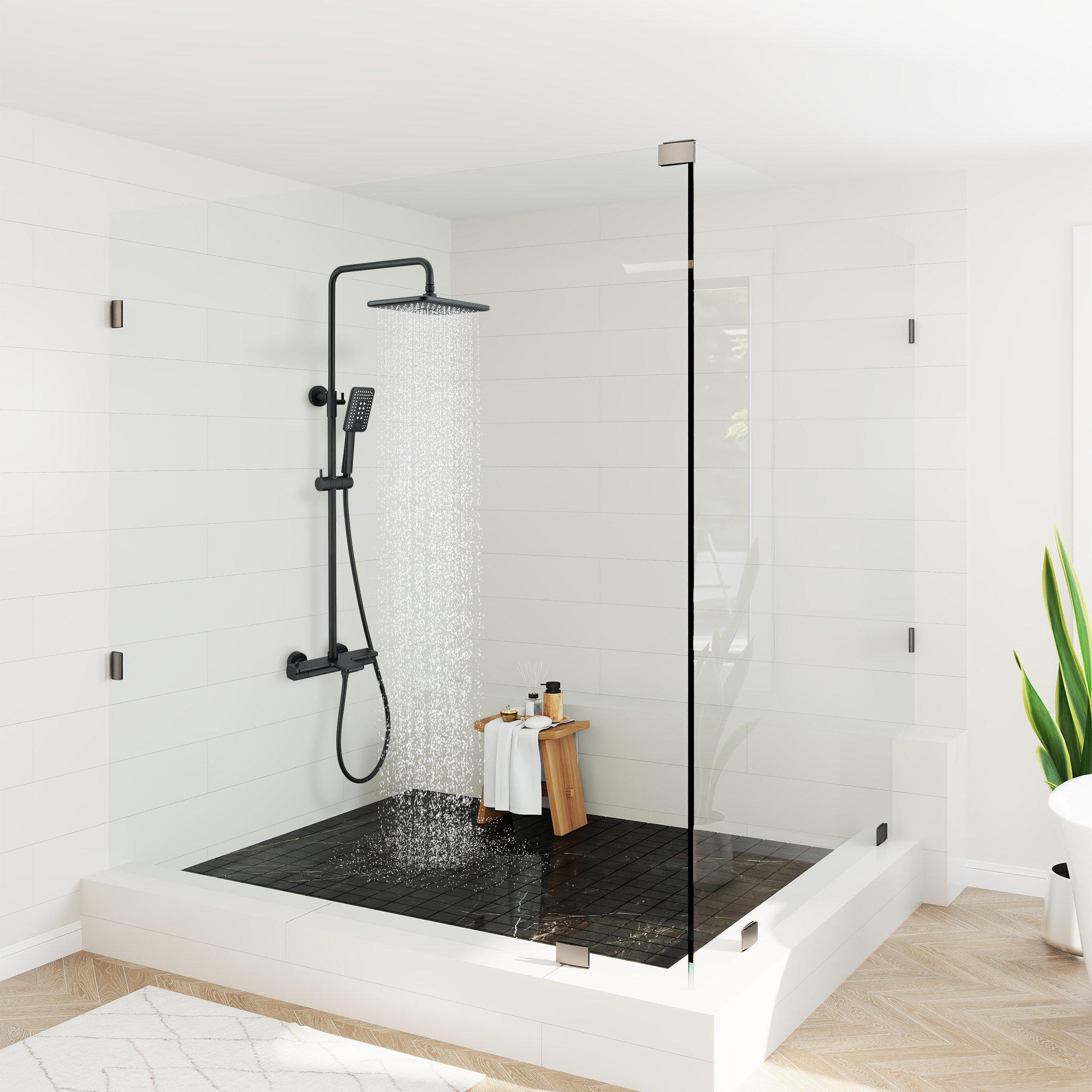 11.4*7.5" Thermostatic Rain Shower System with Tub Spout in Matte Black