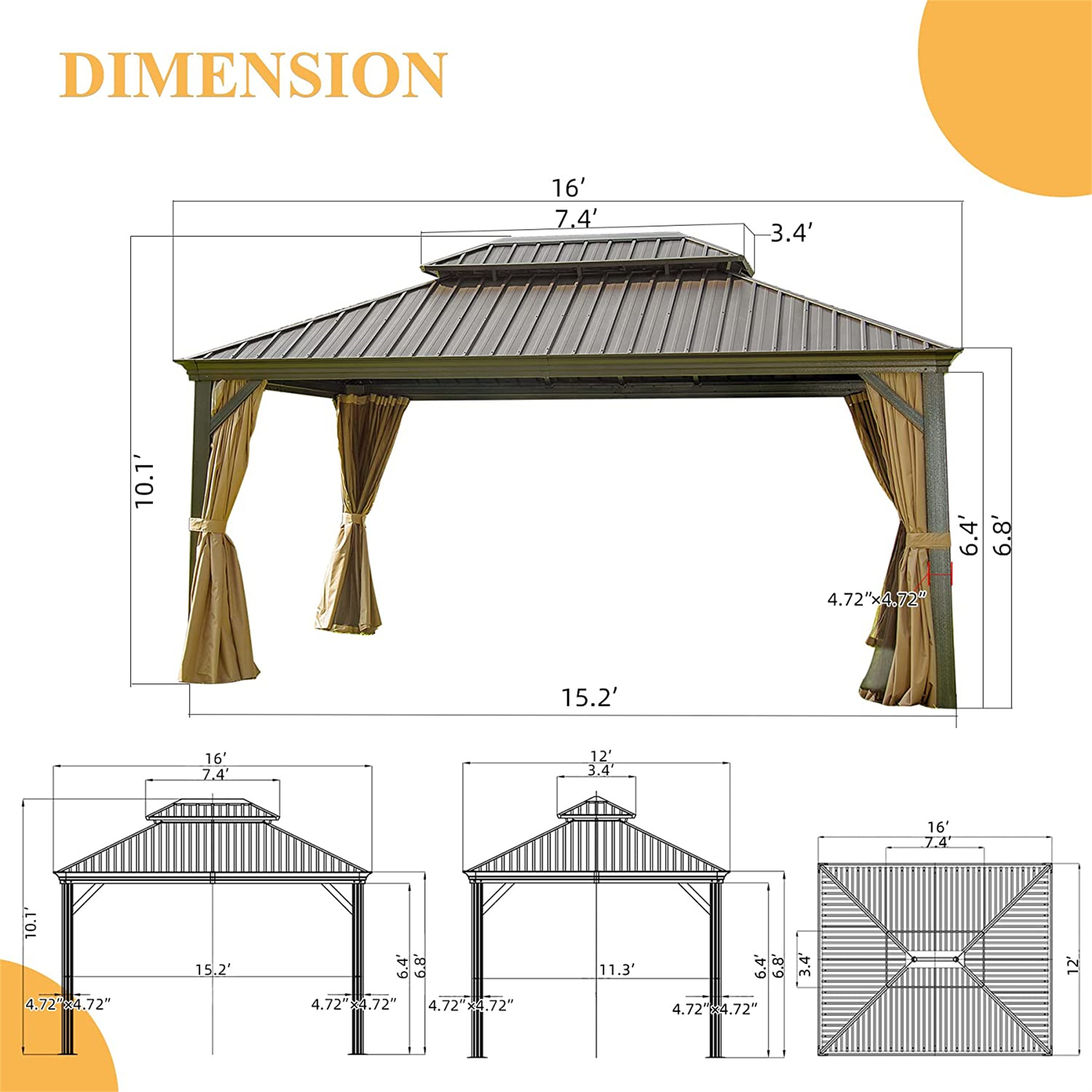 10ftx12ft Outdoor Aluminum Gazebos Galvanized Steel Double Canopy with Curtains Netting for Patio Deck Backyard Grill