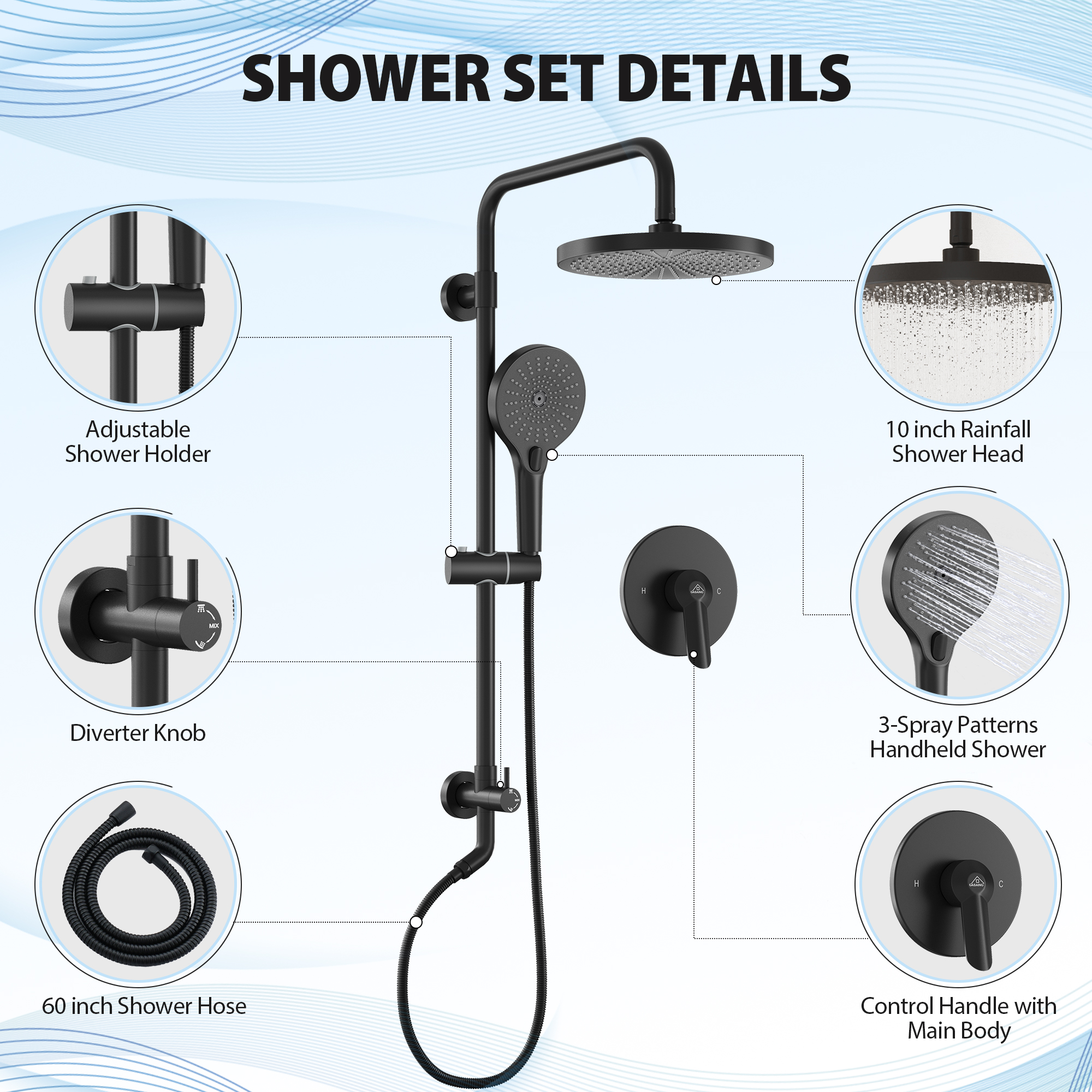 2-Spray Patterns 10 in. Wall Mount Handheld Shower Head 1.8 GPM Shower Faucet in Matte Black
