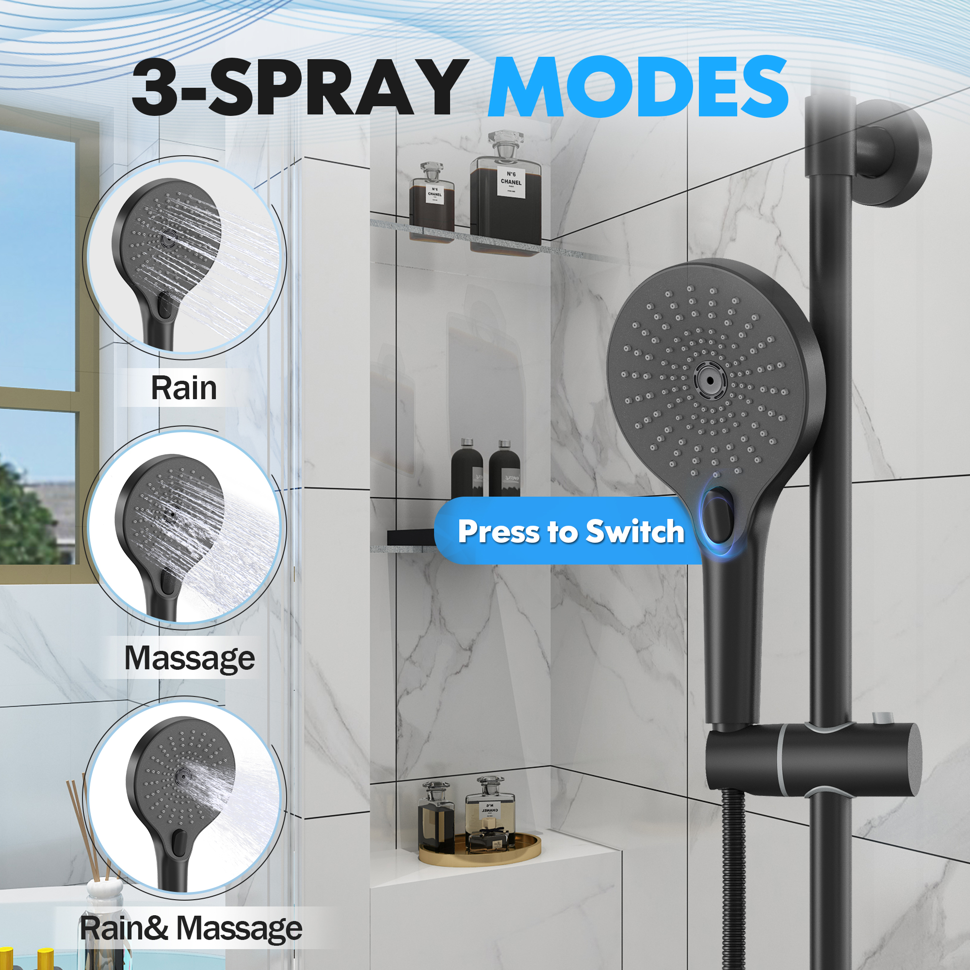 2-Spray Patterns 10 in. Wall Mount Handheld Shower Head 1.8 GPM Shower Faucet in Matte Black