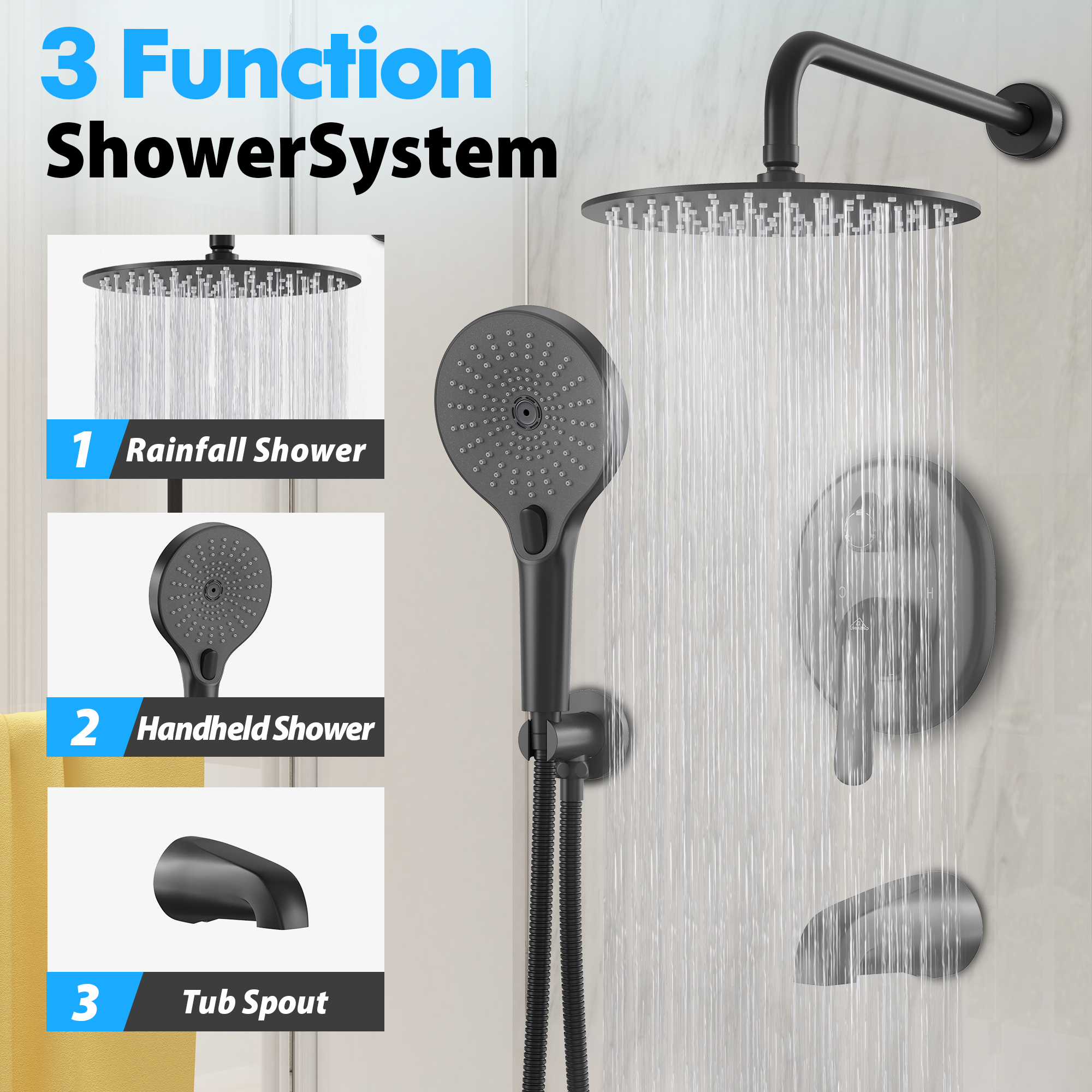 3-Spray Patterns Wall Mount Handheld Shower Head with Tub Faucet and 10 in. Shower Head 1.8 GPM in Matte Black