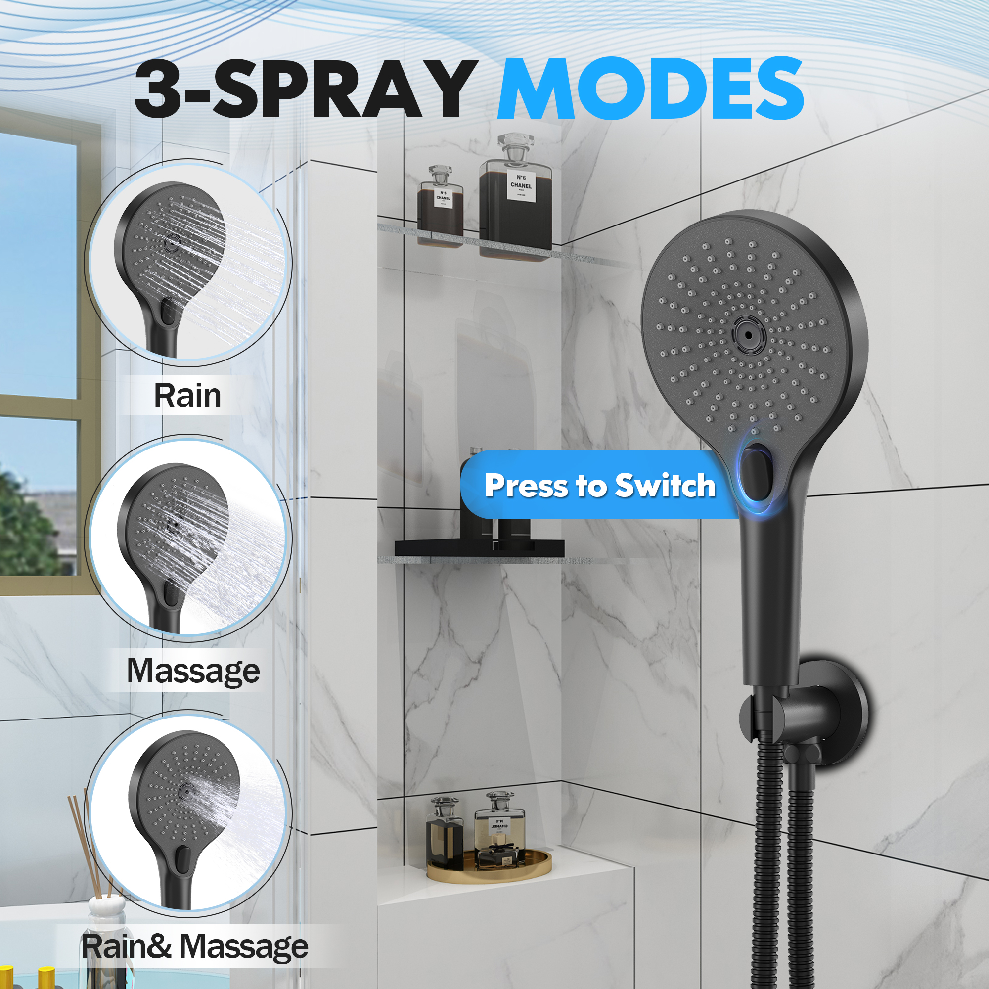 3-Spray Patterns Wall Mount Handheld Shower Head with Tub Faucet and 10 in. Shower Head 1.8 GPM in Matte Black