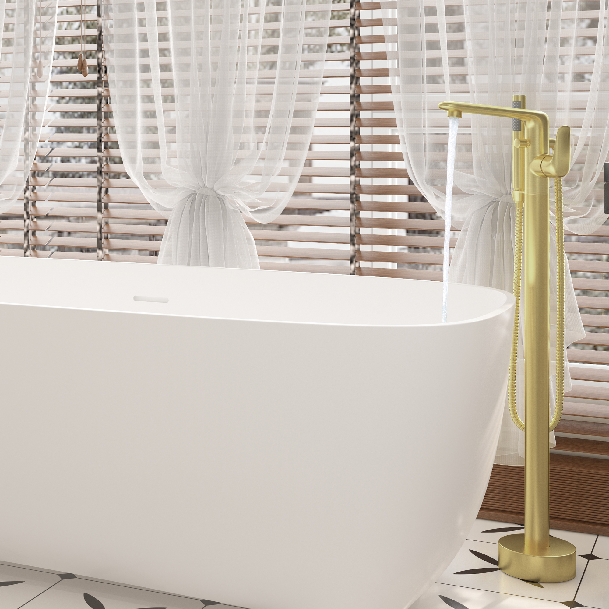 Stand Alone Brass Tub Faucet Waterfall Freestanding Bathtub Filler with Hand Shower Matte Black /Brushed Nickel /Brushed Gold /Chrome Plated