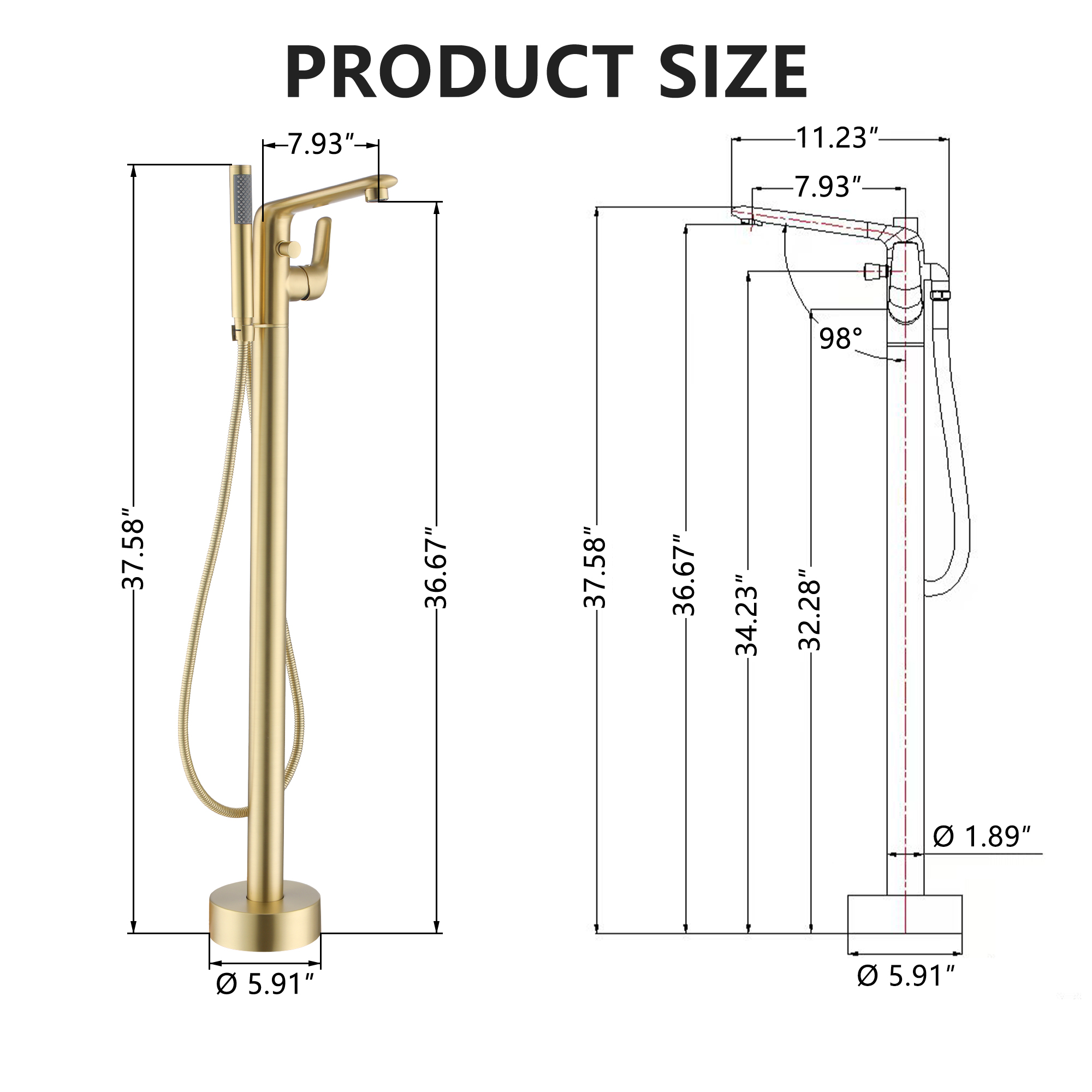 Stand Alone Brass Tub Faucet Waterfall Freestanding Bathtub Filler with Hand Shower Matte Black /Brushed Nickel /Brushed Gold /Chrome Plated