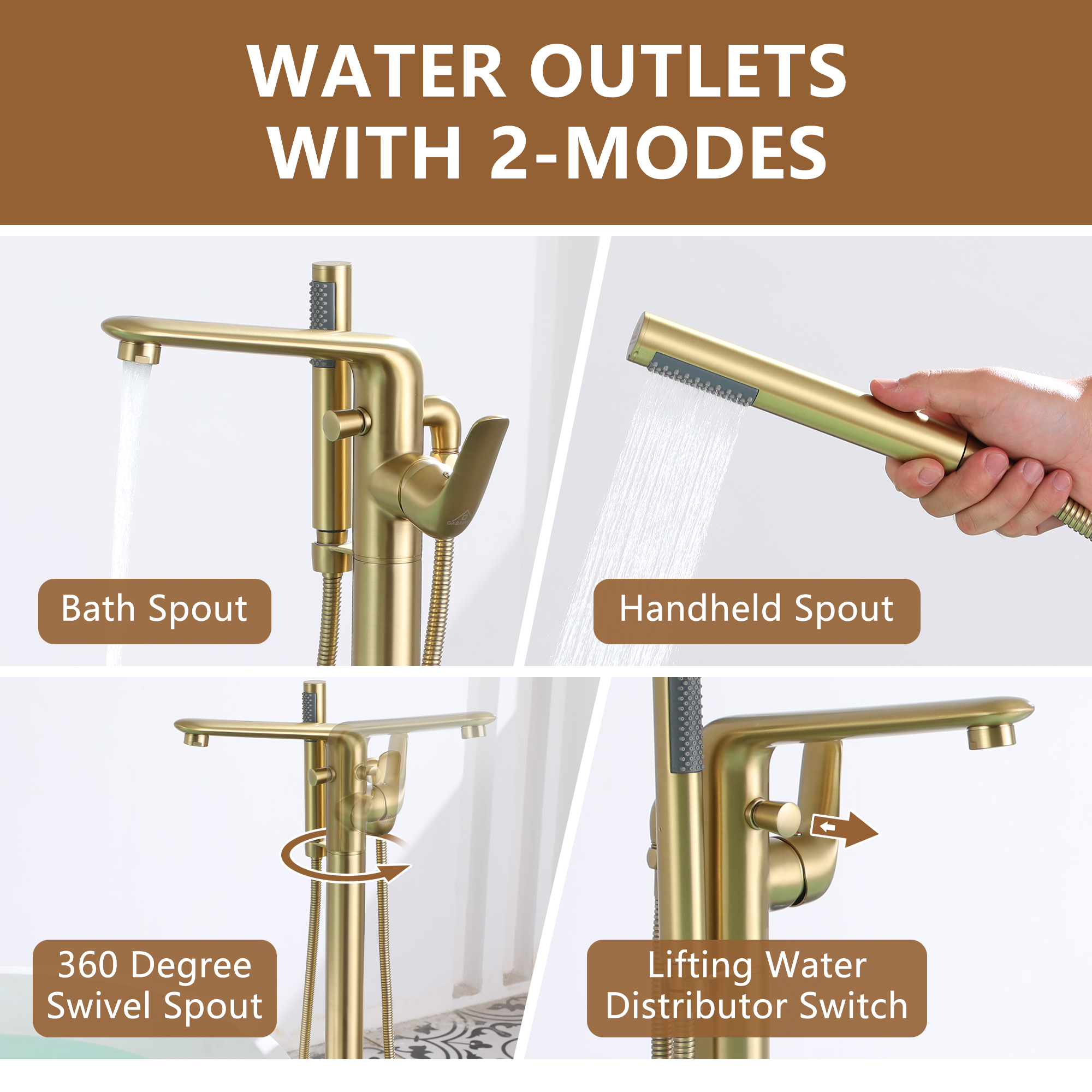 Stand Alone Brass Tub Faucet Waterfall Freestanding Bathtub Filler with Hand Shower Matte Black /Brushed Nickel /Brushed Gold /Chrome Plated