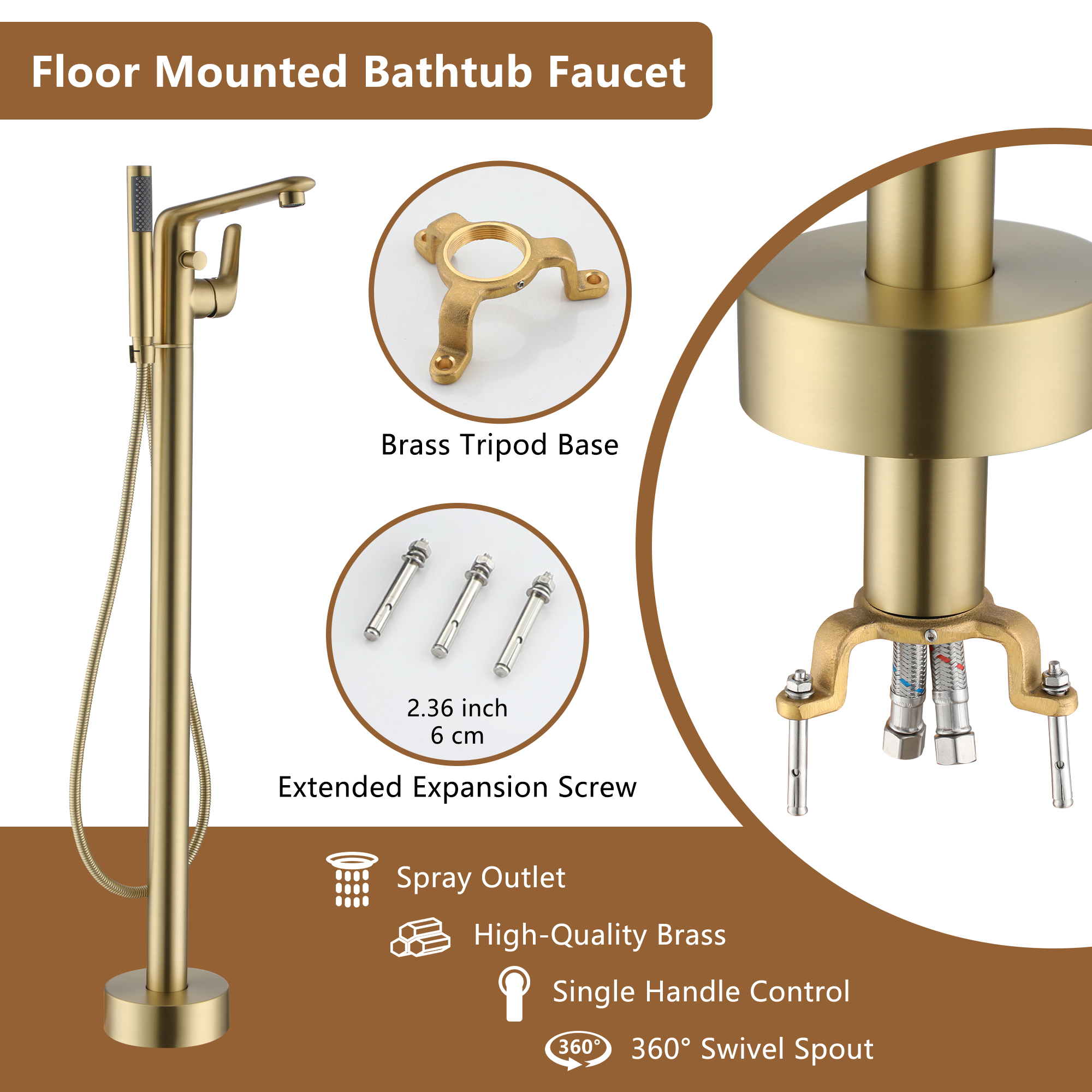 Stand Alone Brass Tub Faucet Waterfall Freestanding Bathtub Filler with Hand Shower Matte Black /Brushed Nickel /Brushed Gold /Chrome Plated