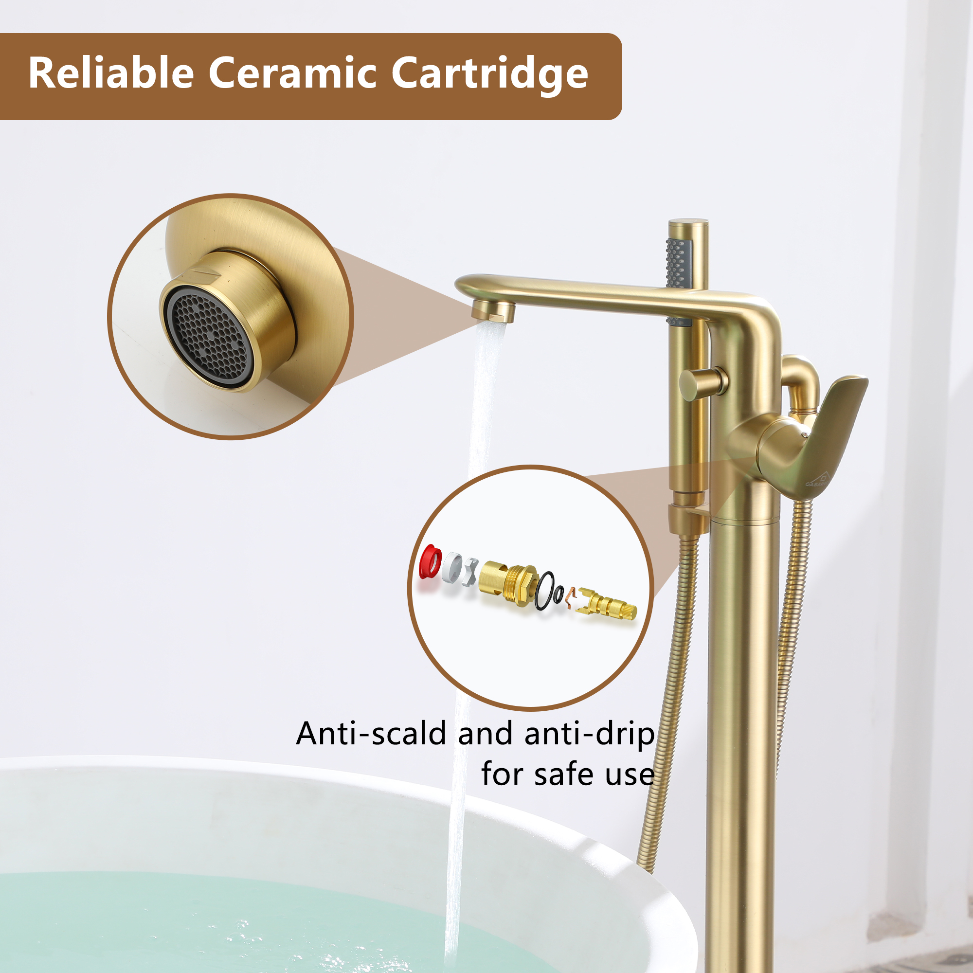 Stand Alone Brass Tub Faucet Waterfall Freestanding Bathtub Filler with Hand Shower Matte Black /Brushed Nickel /Brushed Gold /Chrome Plated