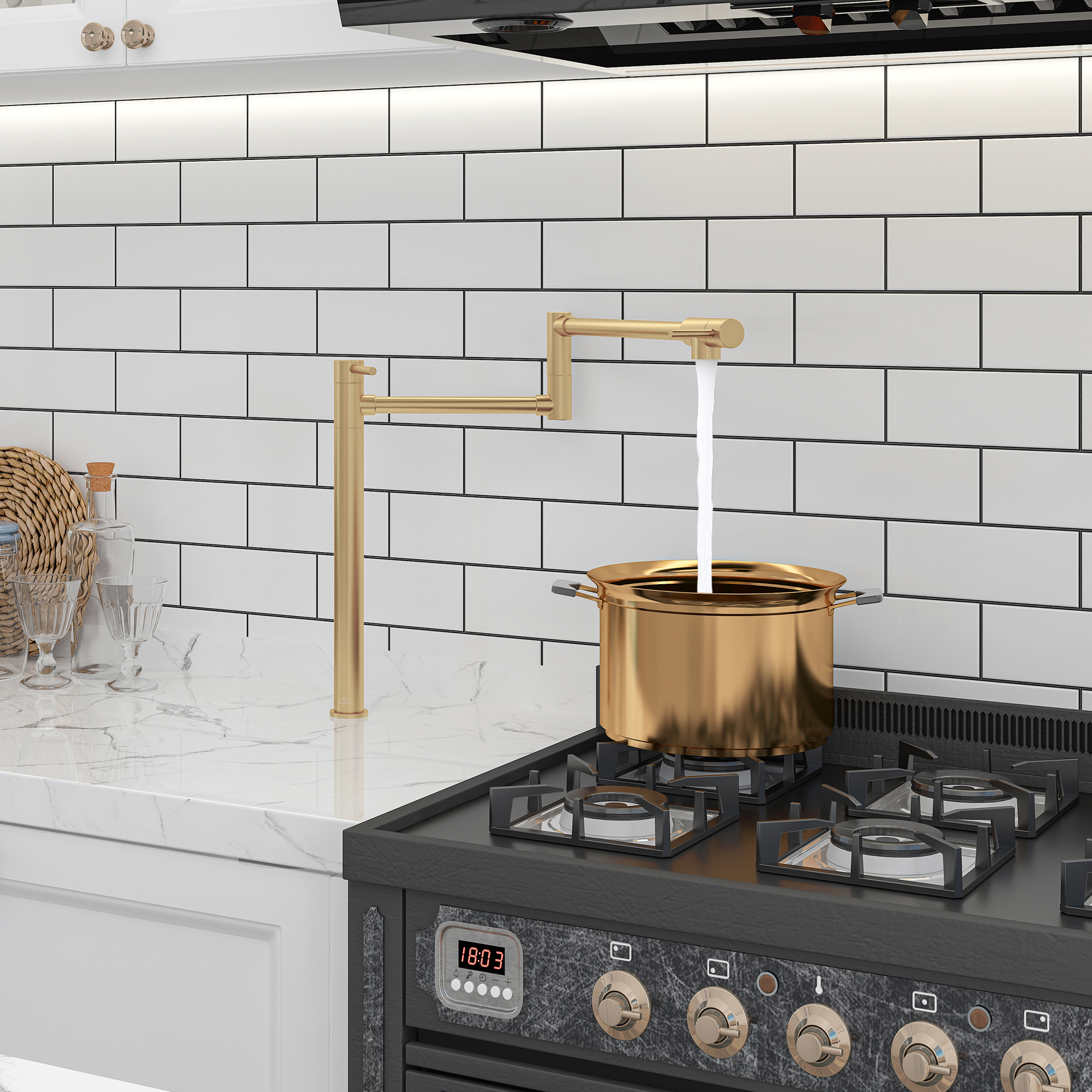 Deck Mount Pot Filler Faucet, Folding Kitchen Faucet with Stretchable Double Joint Swing Arms in Brass Brushed Gold/Brushed Nickel/Chrome Plating/Matte Black