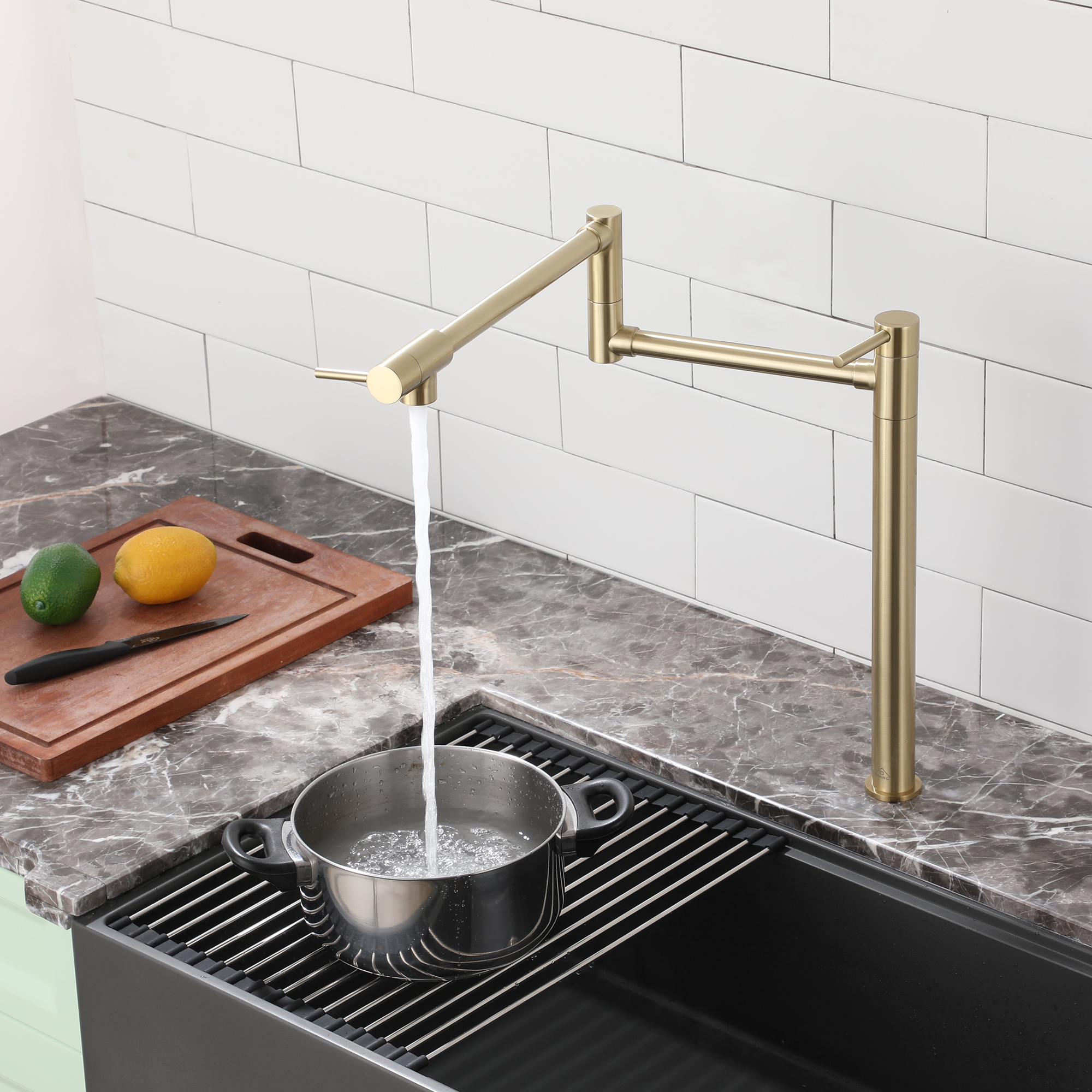 Deck Mount Pot Filler Faucet, Folding Kitchen Faucet with Stretchable Double Joint Swing Arms in Brass Brushed Gold/Brushed Nickel/Chrome Plating/Matte Black