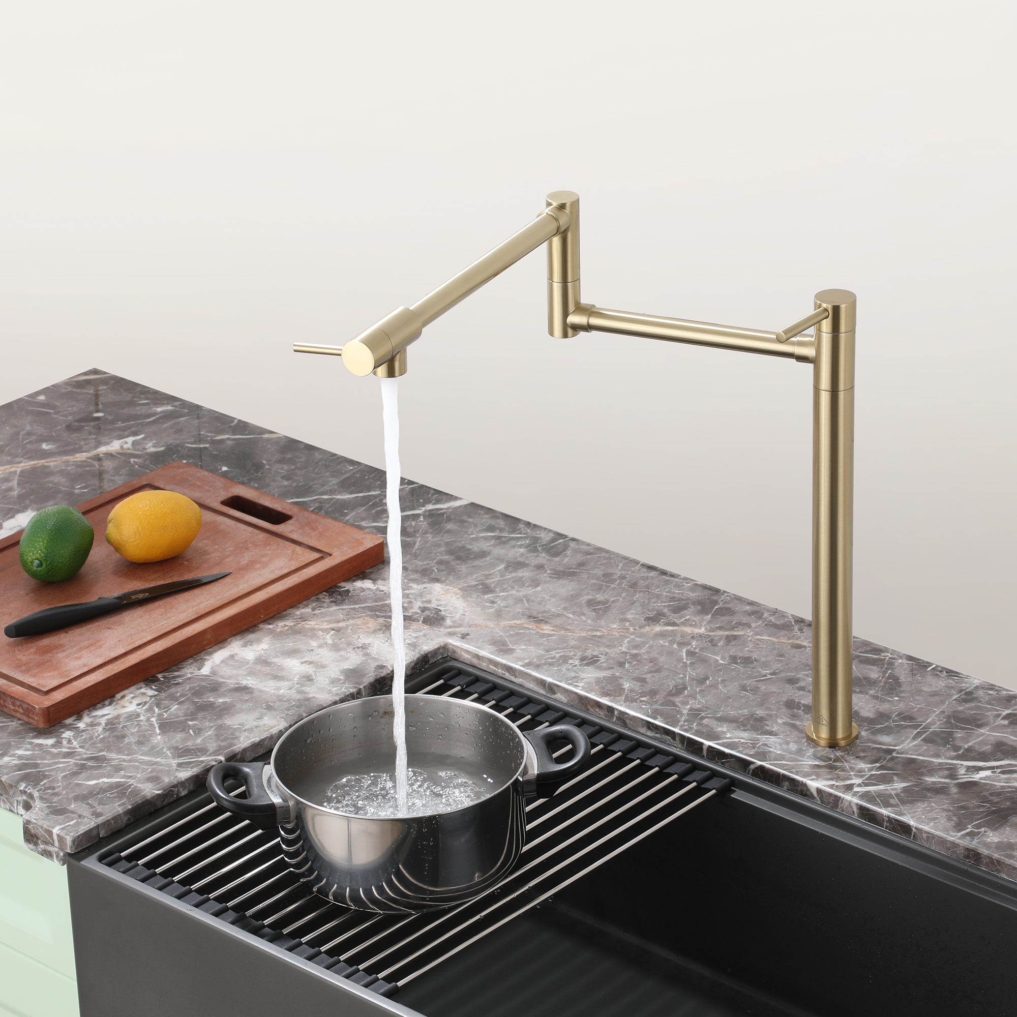 Deck Mount Pot Filler Faucet, Folding Kitchen Faucet with Stretchable Double Joint Swing Arms in Brass Brushed Gold/Brushed Nickel/Chrome Plating/Matte Black