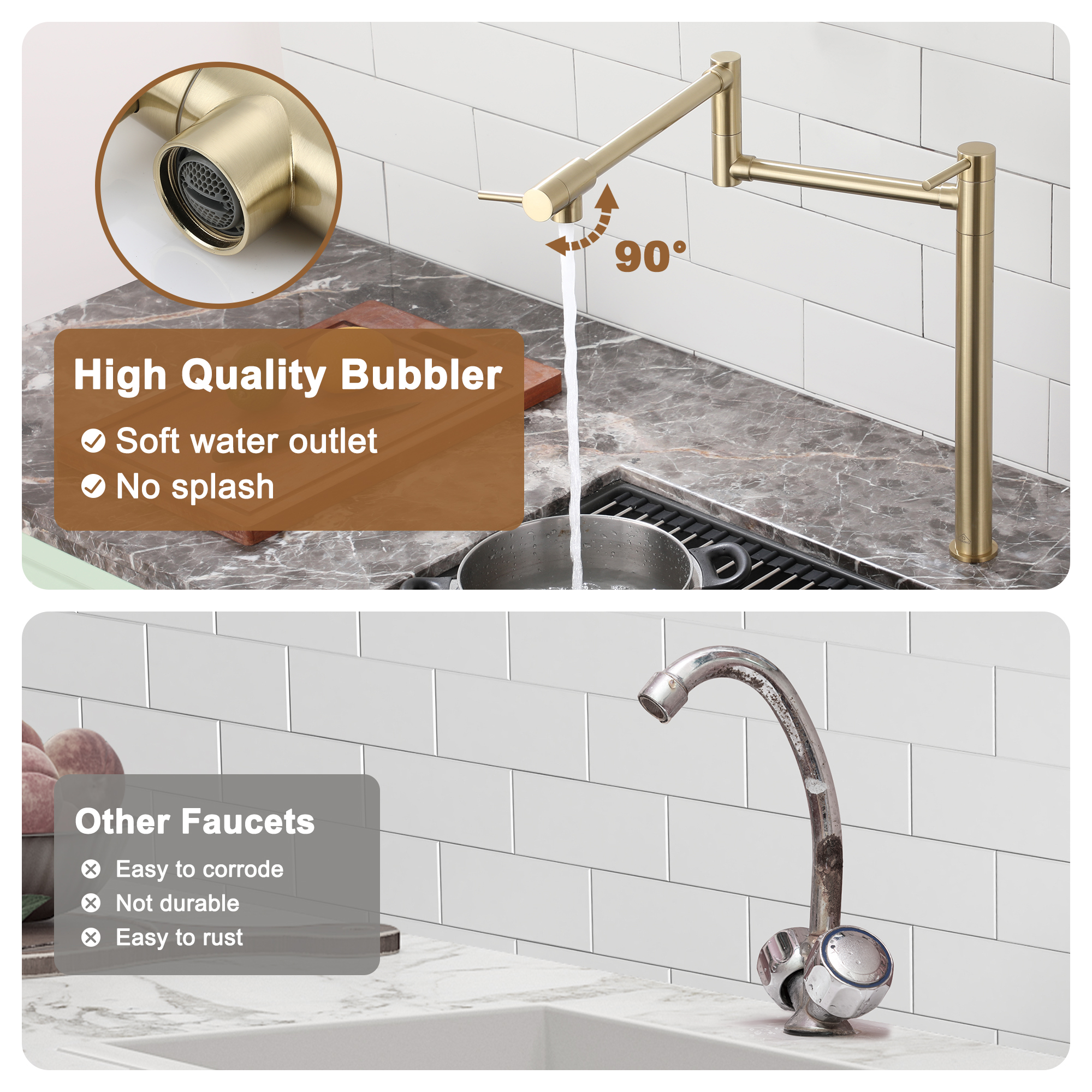 Deck Mount Pot Filler Faucet, Folding Kitchen Faucet with Stretchable Double Joint Swing Arms in Brass Brushed Gold/Brushed Nickel/Chrome Plating/Matte Black