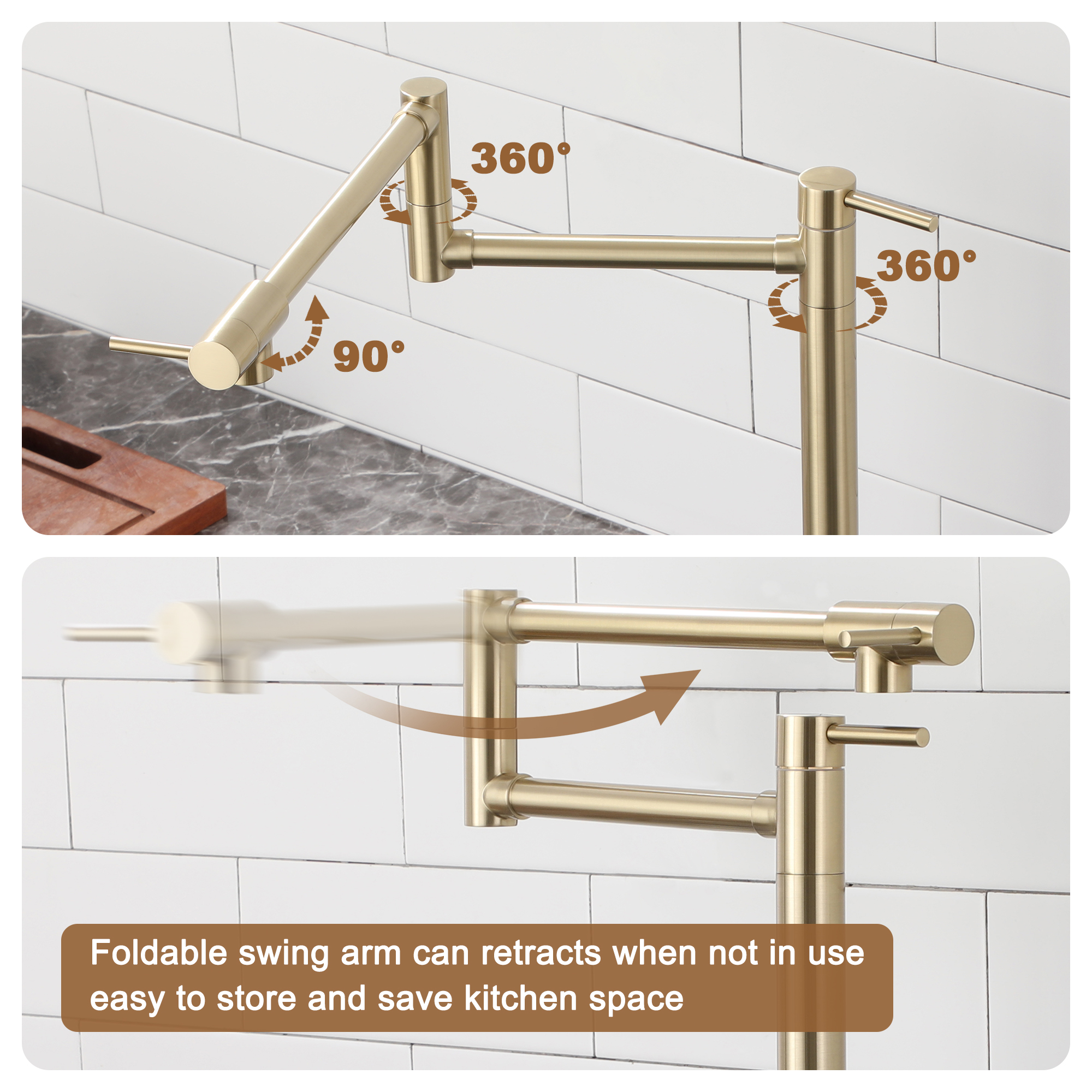 Deck Mount Pot Filler Faucet, Folding Kitchen Faucet with Stretchable Double Joint Swing Arms in Brass Brushed Gold/Brushed Nickel/Chrome Plating/Matte Black