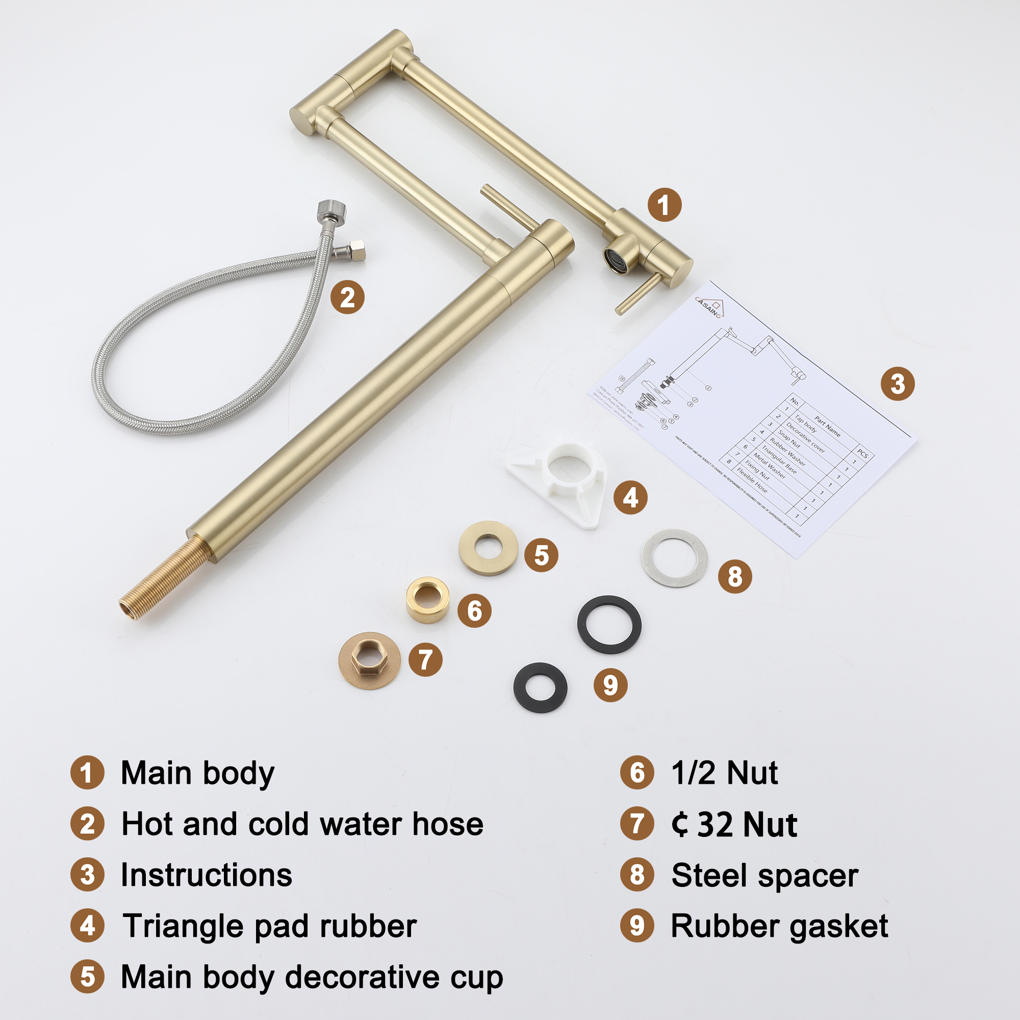 Deck Mount Pot Filler Faucet, Folding Kitchen Faucet with Stretchable Double Joint Swing Arms in Brass Brushed Gold/Brushed Nickel/Chrome Plating/Matte Black