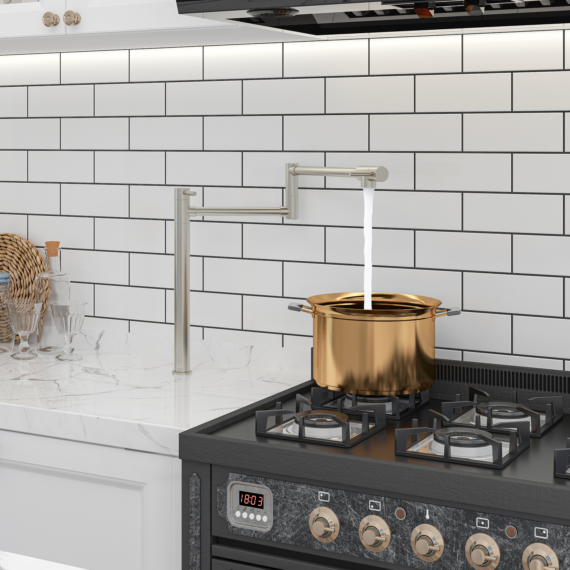 Deck Mount Pot Filler Faucet, Folding Kitchen Faucet with Stretchable Double Joint Swing Arms in Brass Brushed Gold/Brushed Nickel/Chrome Plating/Matte Black