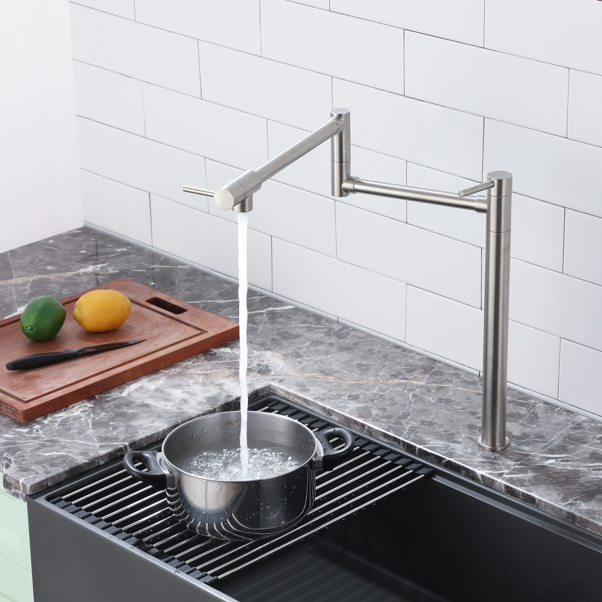 Deck Mount Pot Filler Faucet, Folding Kitchen Faucet with Stretchable Double Joint Swing Arms in Brass Brushed Gold/Brushed Nickel/Chrome Plating/Matte Black