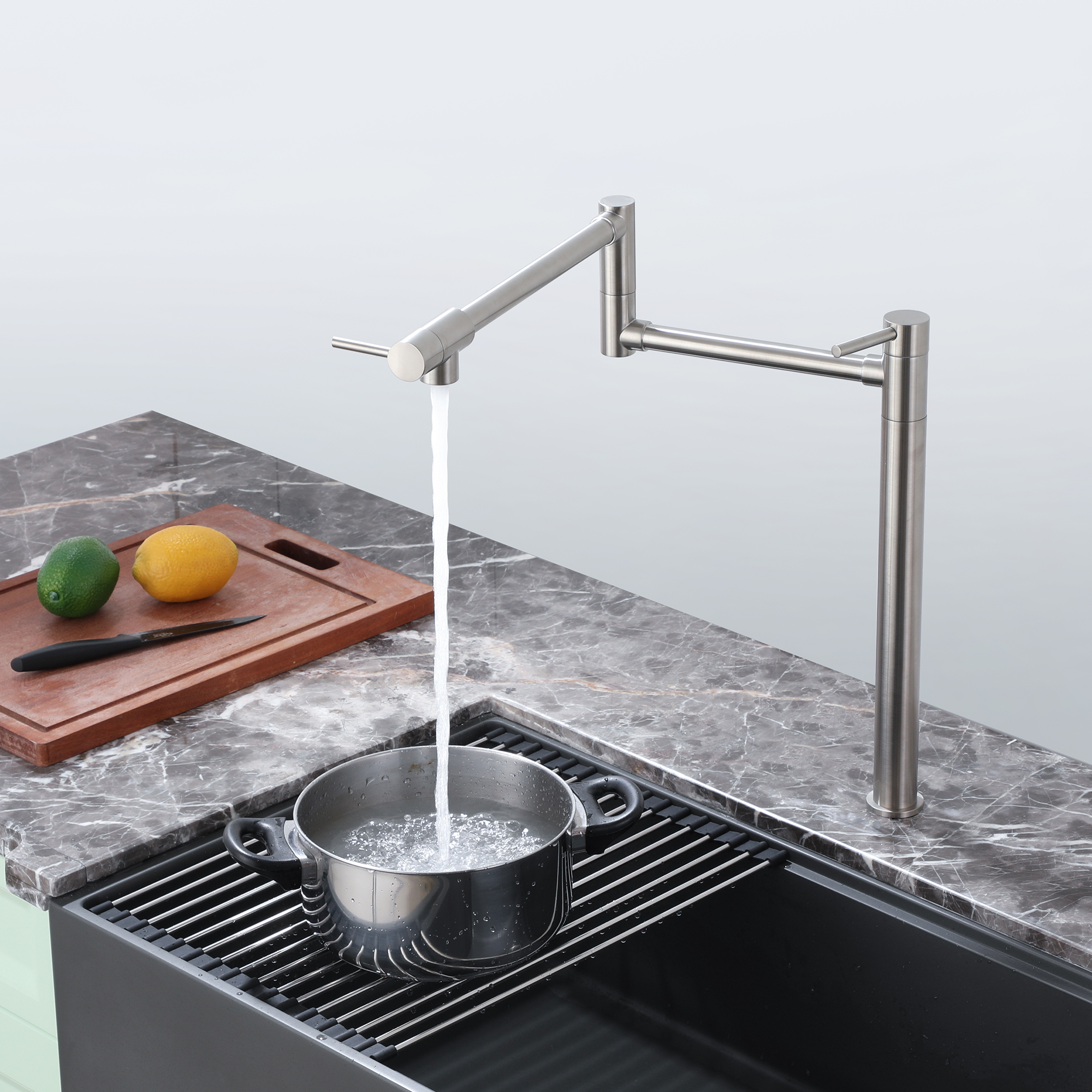 Deck Mount Pot Filler Faucet, Folding Kitchen Faucet with Stretchable Double Joint Swing Arms in Brass Brushed Gold/Brushed Nickel/Chrome Plating/Matte Black